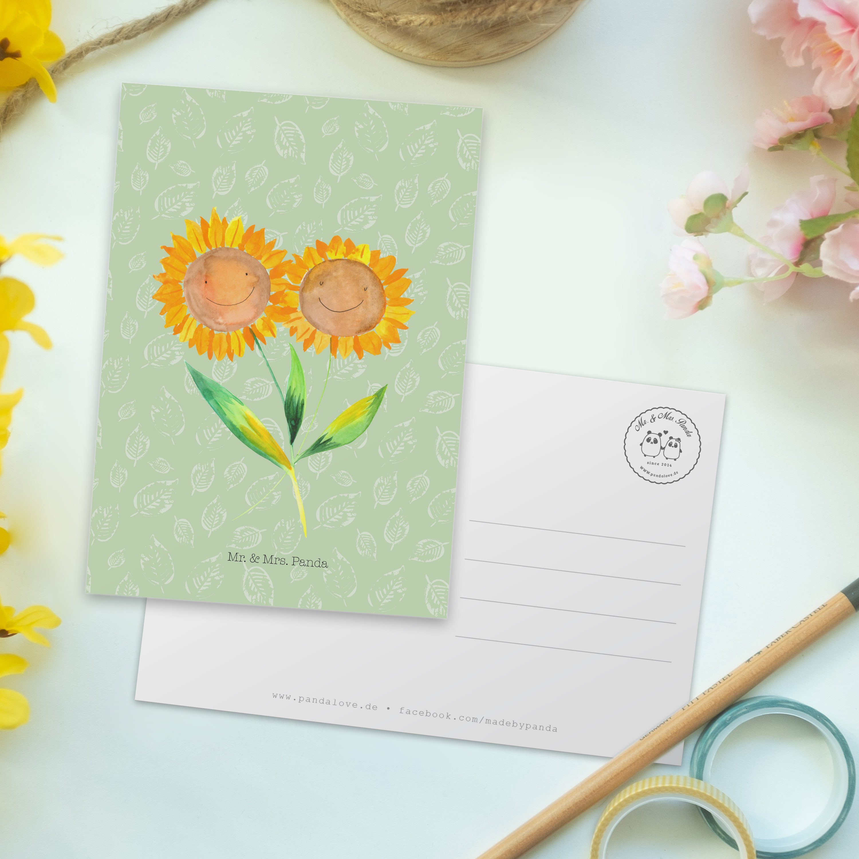 Mr. & Einladung, Panda Freundin, Mrs. - Blattgrün Sonnenblume Sonnenblumen - Postkarte Geschenk