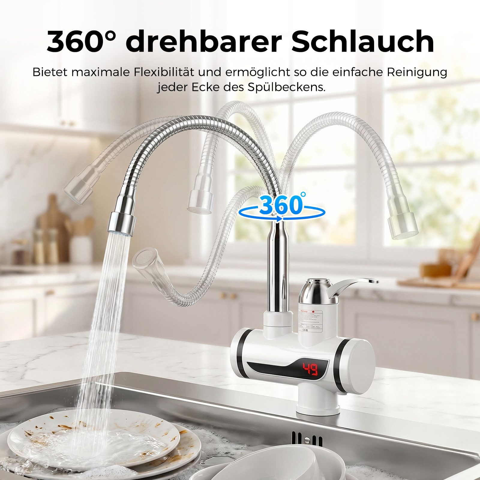 AKKEE Küchenarmatur Sofort-Warmwasserhahn mit LCD-Anzeige elektrischer Warmwasserbereiter Wasserhahn für Küche Durchlauferhitzer