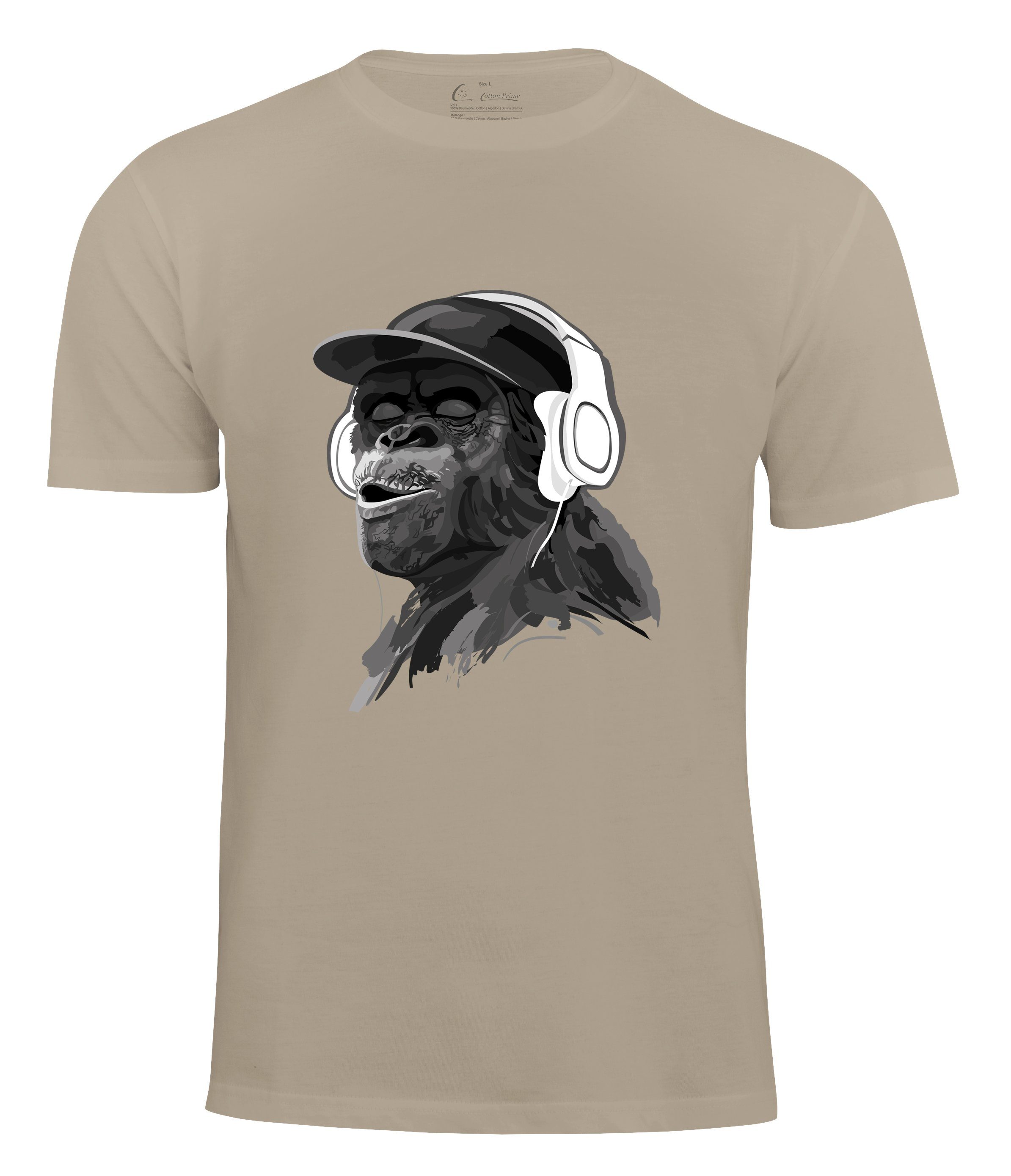 Extrem beliebter Klassiker Cotton Prime® T-Shirt mit Affenmotiv Monkey mit - DJ-Kopfhörer beige