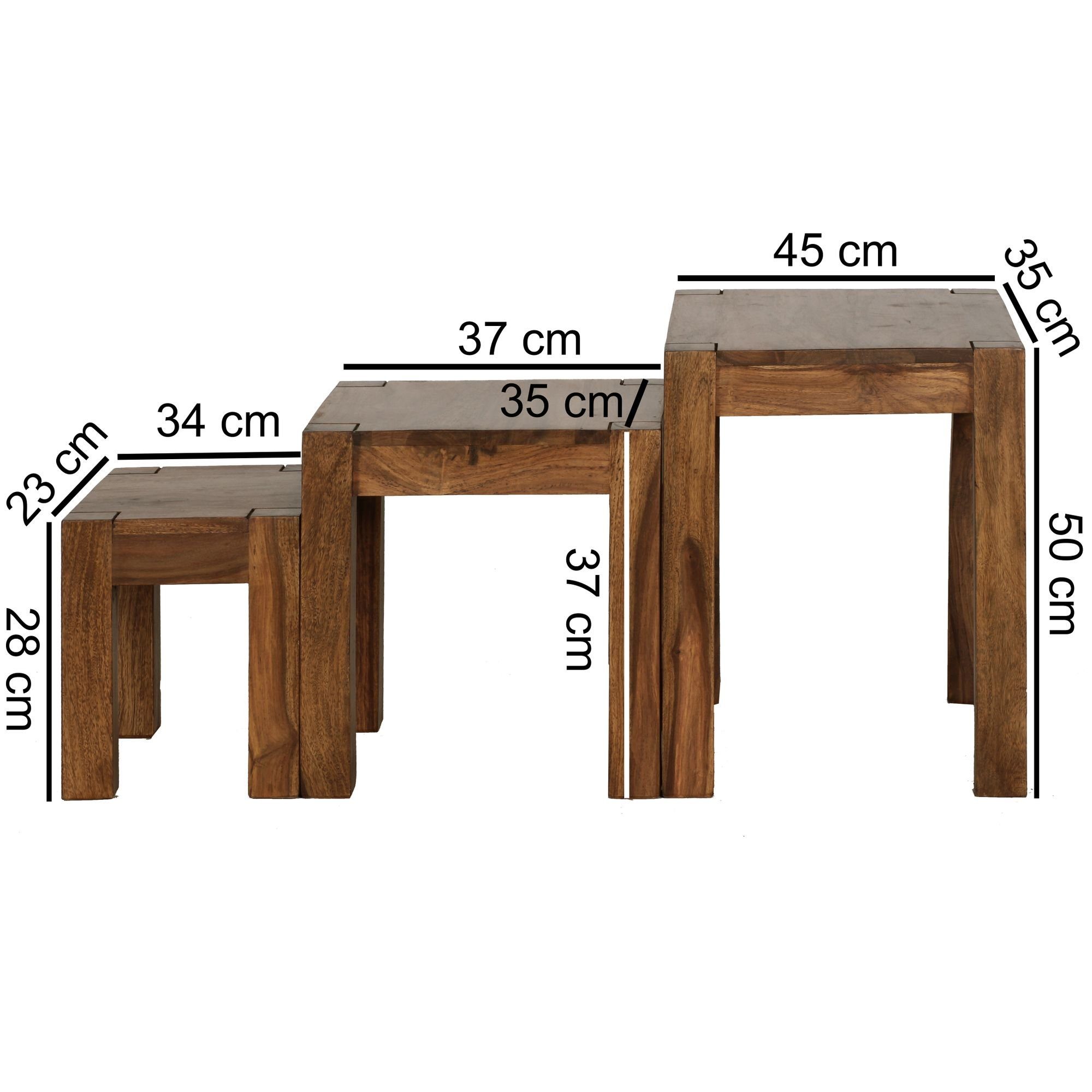 möbelando Satztisch 3er Set Sheesham Massiv-Holz Massiv-Holz Set dunkel-braun 3er Wohnzimmer-Tisch Satztisch Naturholz Satztisch Wohnzimmer-, Sheesham Beistelltisch Landhaus-Stil