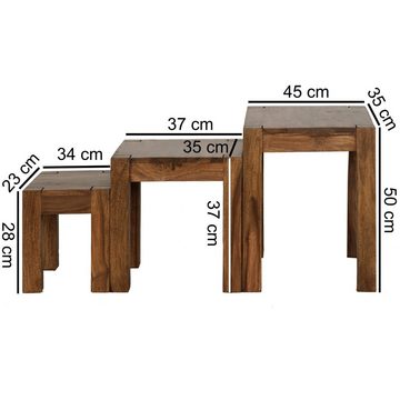 möbelando Satztisch 3er Set Satztisch Massiv-Holz Sheesham Wohnzimmer-Tisch Landhaus-Stil (3er Set), Naturholz
