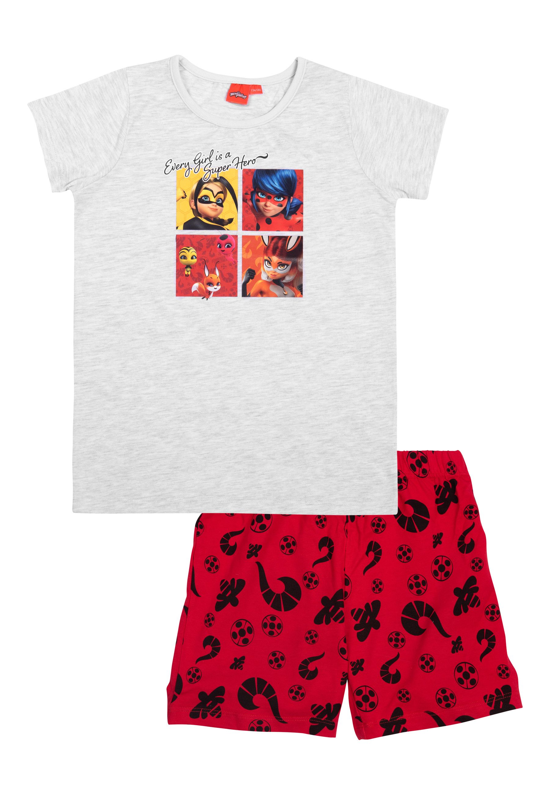 United Labels® Schlafanzug Miraculous Schlafanzug Mädchen Ladybug Pyjama Set Kurzarm Grau/Rot