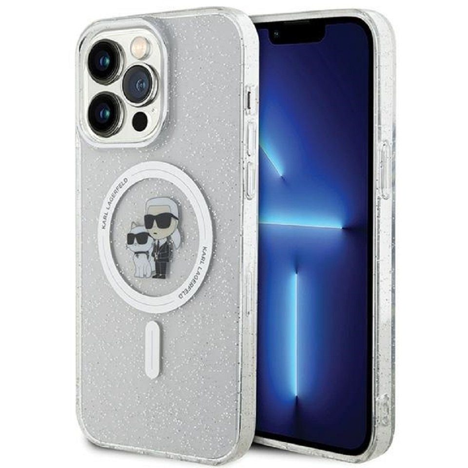 KARL LAGERFELD Handyhülle Case iPhone 15 Pro Max MagSafe Katze Glitter transparent 6,7 Zoll, Kantenschutz