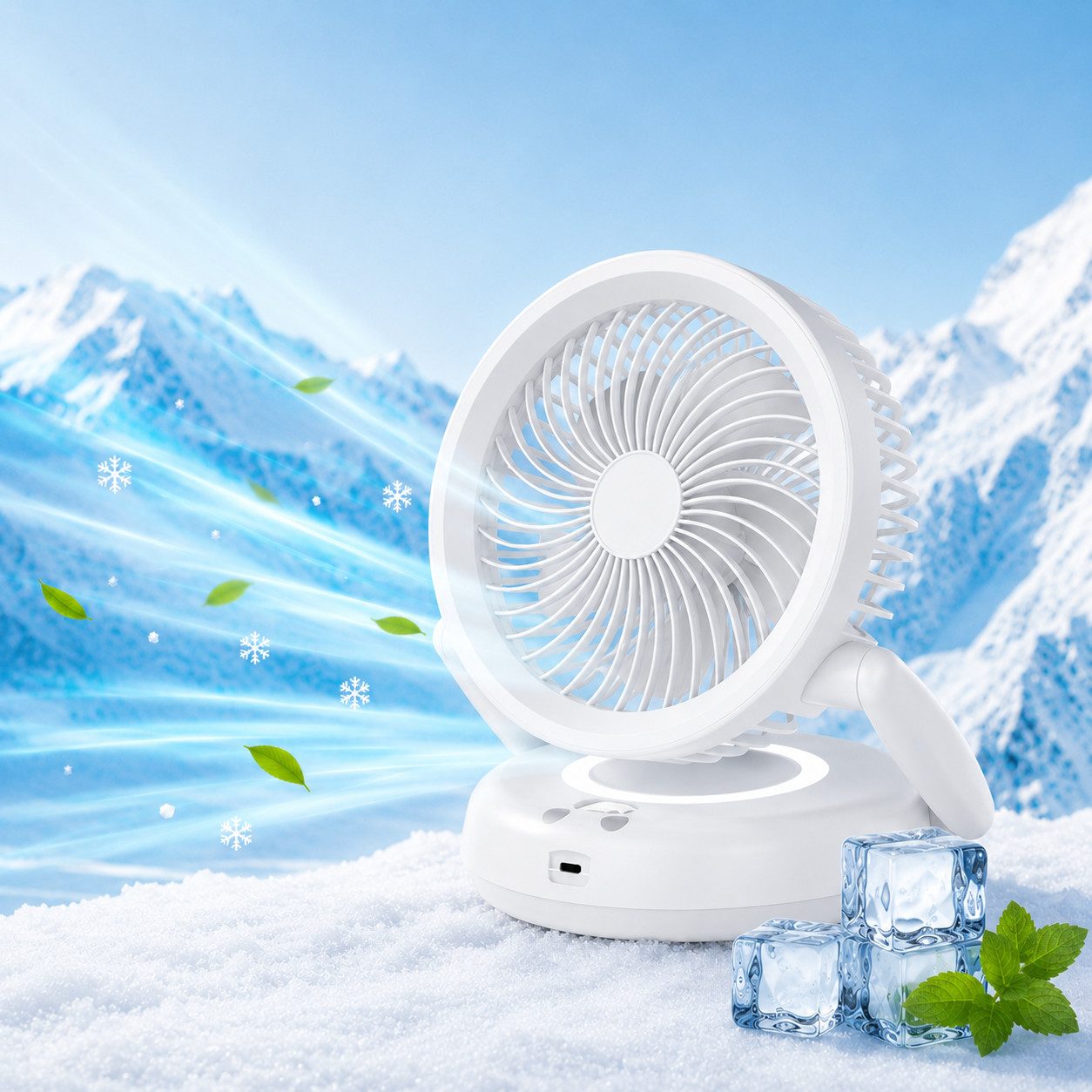 MOPUEA Tischventilator Faltbarer Tischventilator 5 Stufen Leiser Motor mit Akkuanzeige, Leiser Motor, 5 Windstufen, Akkuanzeige und flexibel faltbares Design.