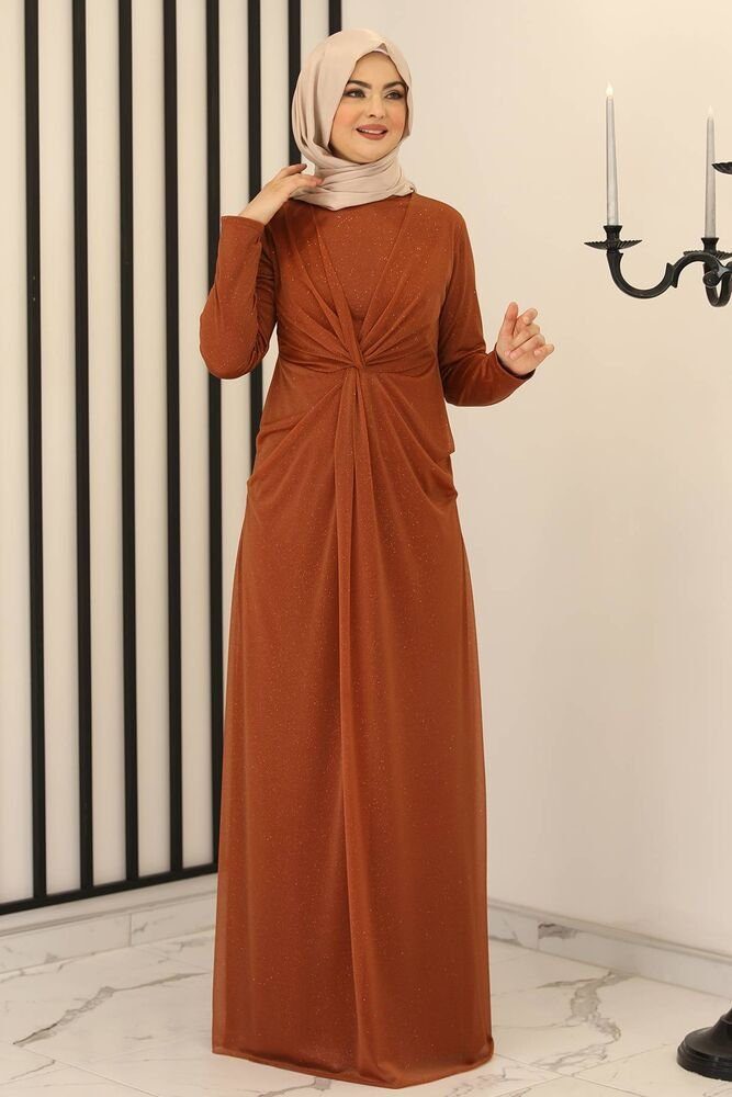 Modavitrini Abendkleid Damen Maxikleid Abiye Abaya Hijab Kleid Modest Fashion (AYLA) silbriger glänzender Stoff