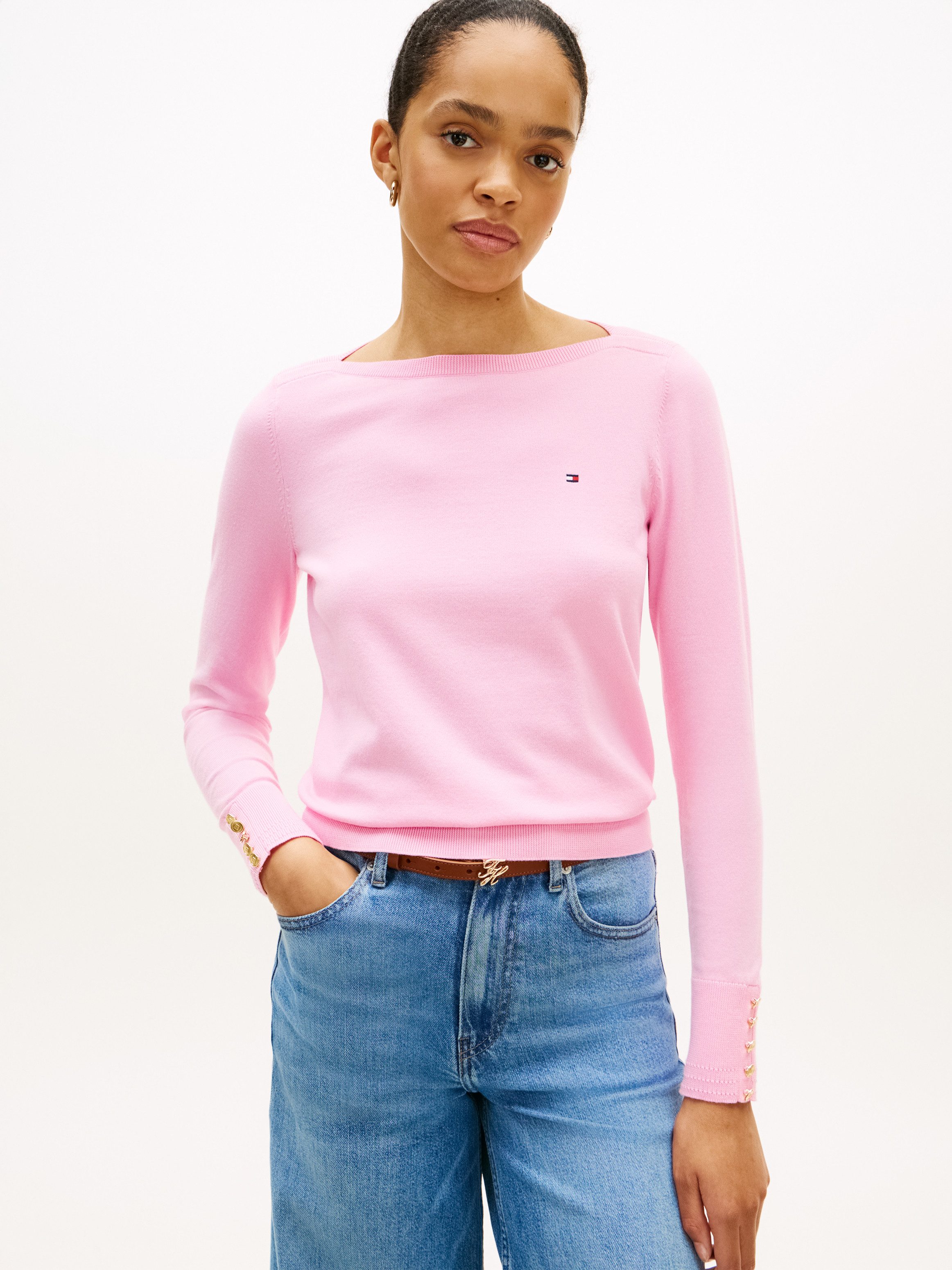 Tommy Hilfiger Strickpullover CO JERSEY STITCH BOAT-NECK SWEATER mit Tommy Hilfiger Logo-Flag am Ärmel, Regular Fit