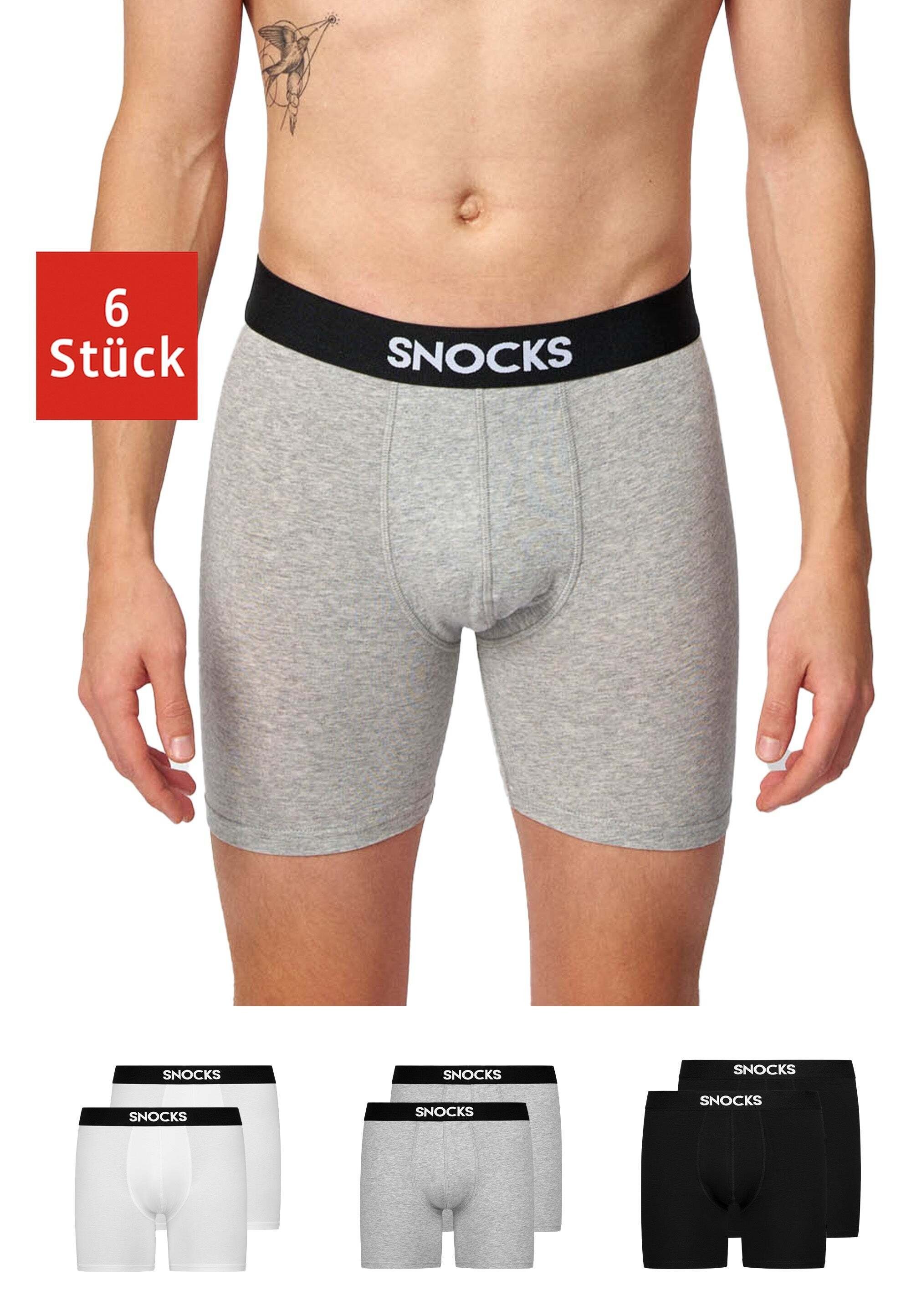 SNOCKS Boxershorts Enge Unterhosen mit längerem Bein Herren Männer (6-St) aus Bio-Baumwolle, ohne kratzenden Zettel, bequem durch längeres Bein Mix (Schwarz/Weiß/Grau) | Boxer anliegend