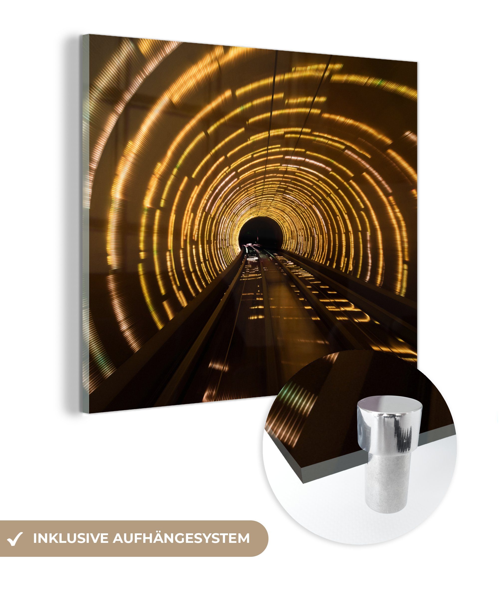 MuchoWow Acrylglasbild Dunkler Tunnel mit gelber Beleuchtung, (1 St), Glasbilder - Bilder auf Glas Wandbild - Foto auf Glas - Wanddekoration