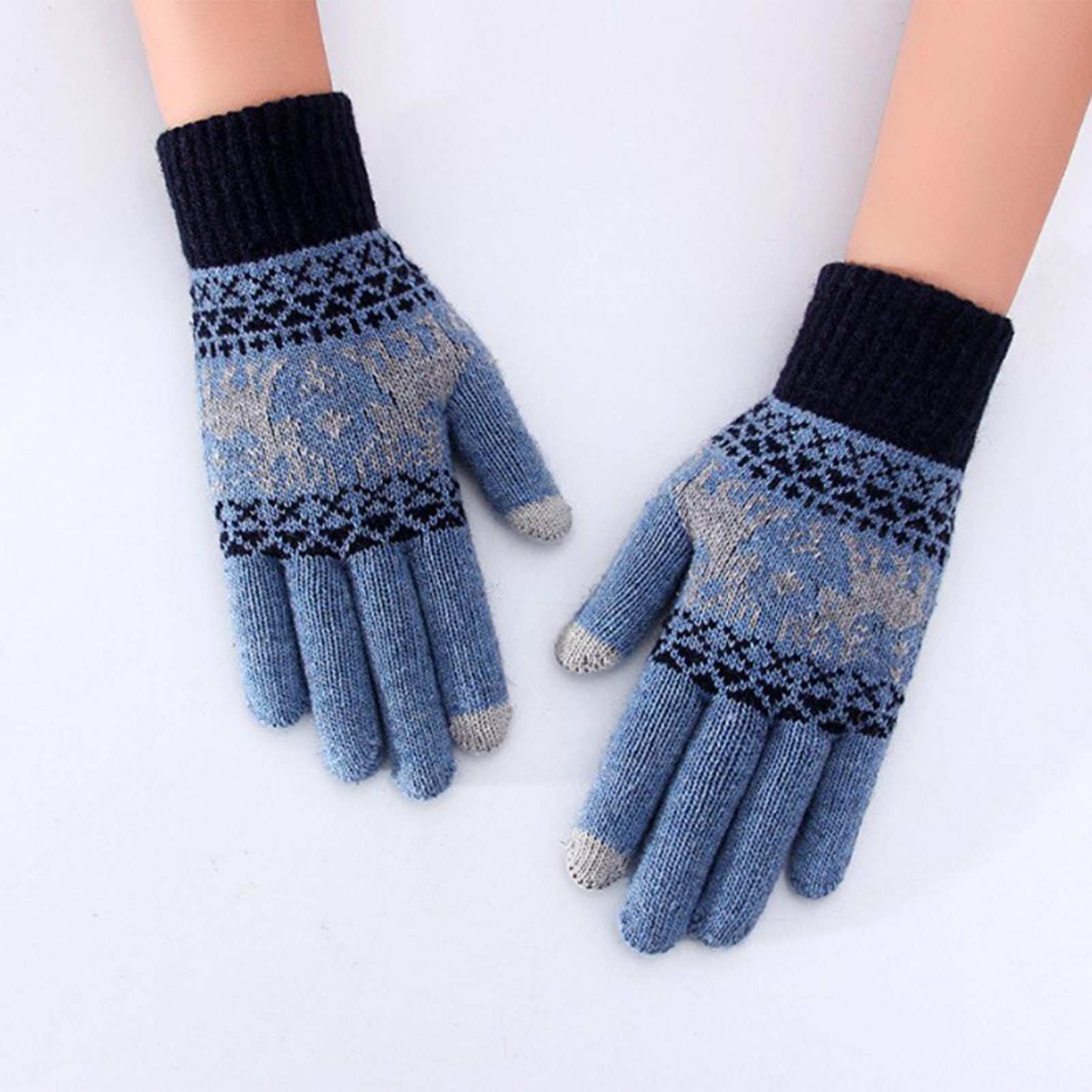 Blusmart Strickhandschuhe Damenhandschuhe, Gestrickte Touchscreen-Handschuhe Wärmende Fleecehandschuhe Verdickte marineblau himmelblau