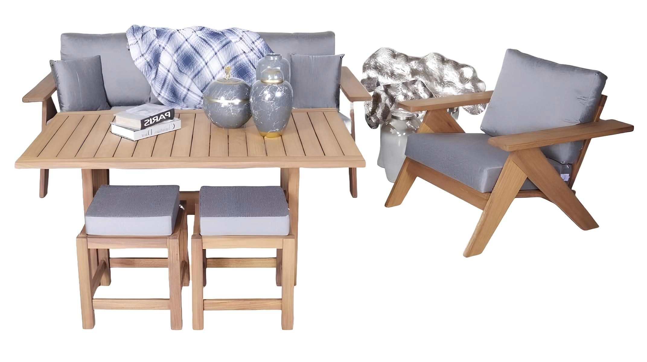 Xlmoebel Sessel Holz-Sofagarnitur mit modernem Design und Esstisch für den Garten (5tlg Gartenmöbel Set (Sofa 3 Sitzer + Sessel + Esstisch + 2x Hocker), Hergestellt in Europa