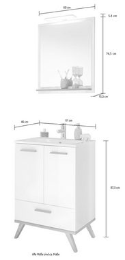 Saphir Badmöbel-Set Quickset 2-teilig, Mineralmarmor-Waschtisch und LED-Spiegel, (4-St), Waschplatz 61 cm breit, 2 Türen, 1 Schublade, Spiegel-Ablage, Bad-Set
