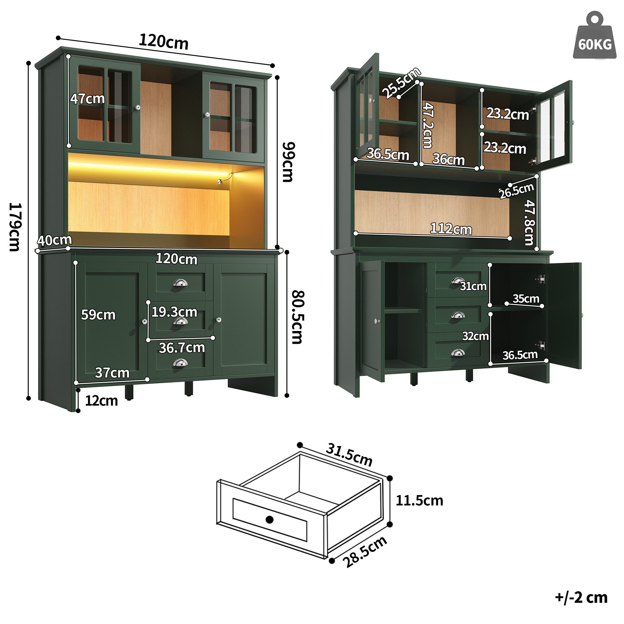 Celya Küchenbuffet Küchenschränke,Sideboards mit braunen Glastüren und LED- günstig online kaufen