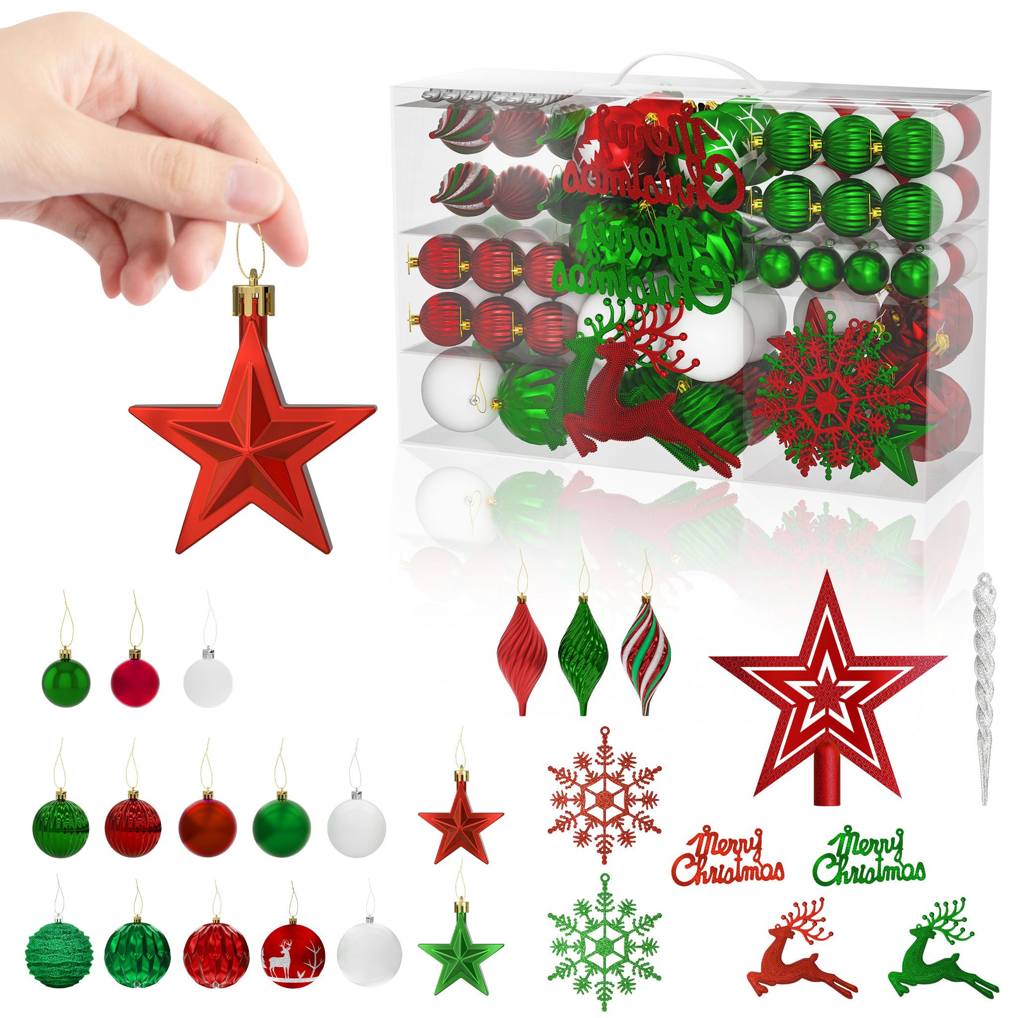 FIVMEN Weihnachtsbaumkugel 108 Stück Weihnachtskugeln Kunststoff mit Stern Spitze, Mehrere Farboptionen