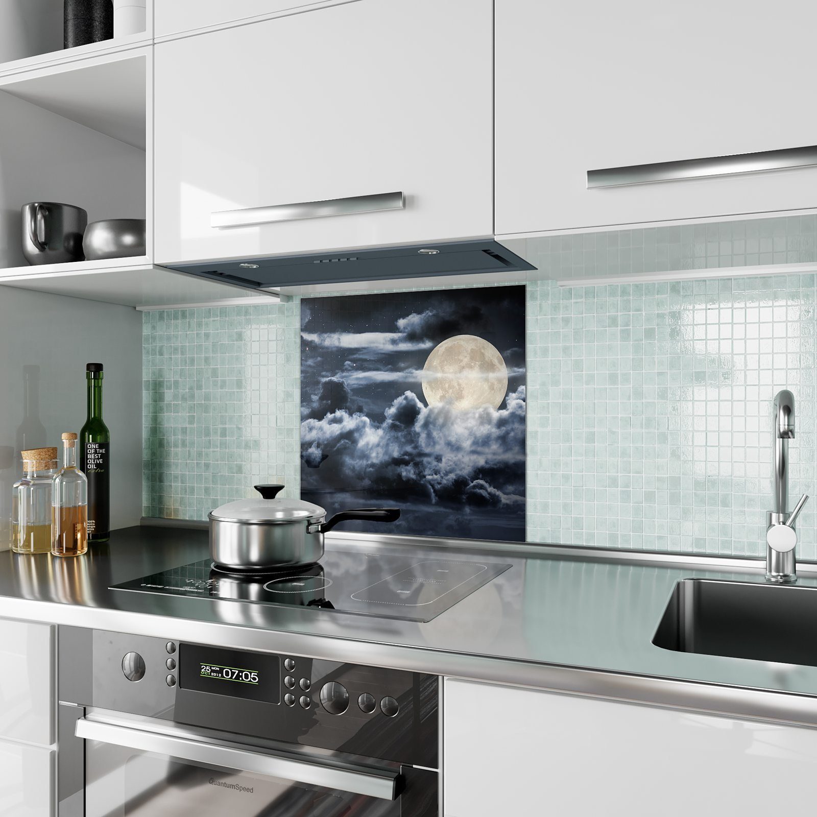 Primedeco Küchenrückwand Motiv mit Vollmond Glas Heller Spritzschutz Küchenrückwand