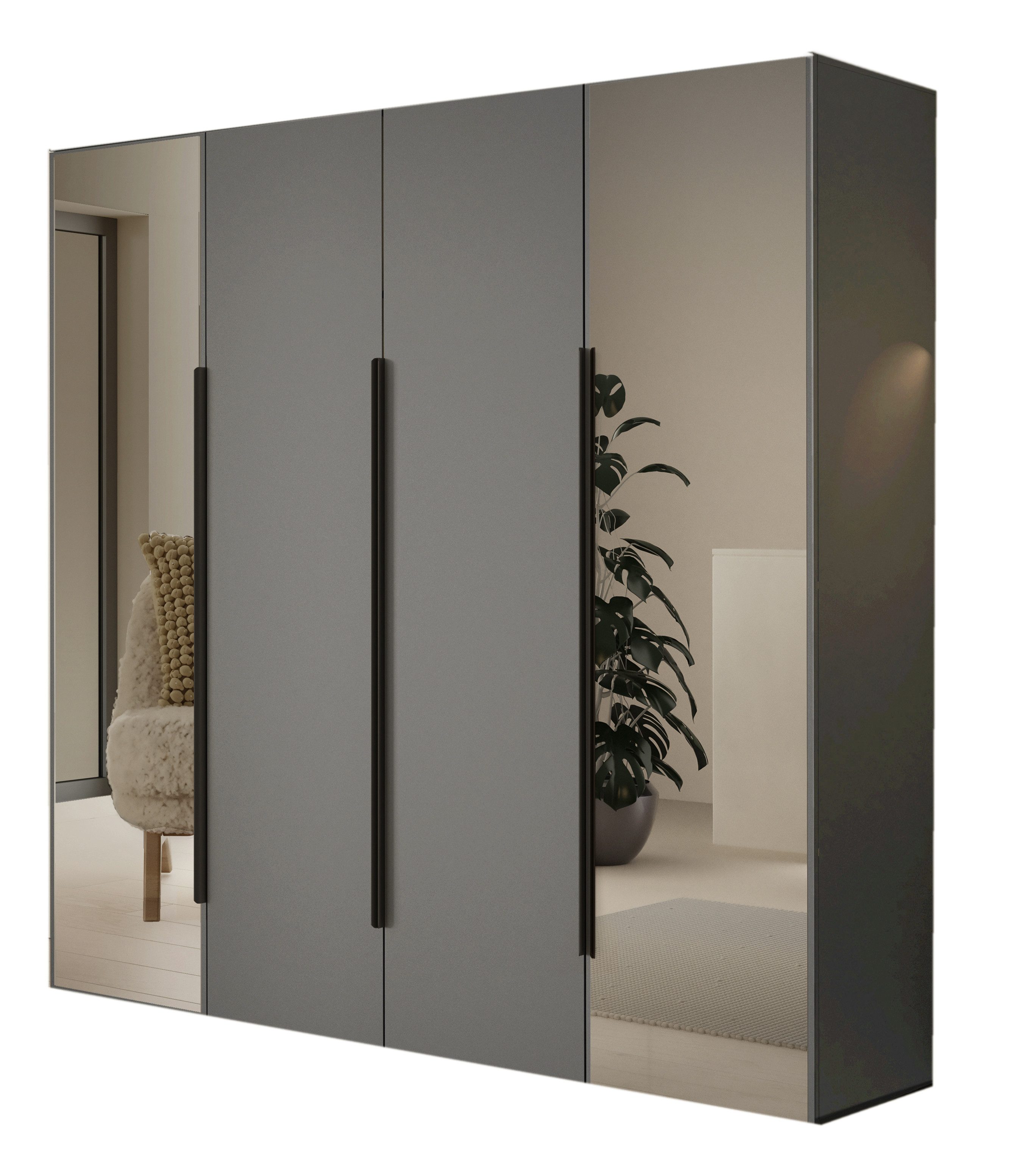 Compleo Kleiderschrank mit 4 Türen, Drehtürenschrank, Garderobenschrank mit Spiegel