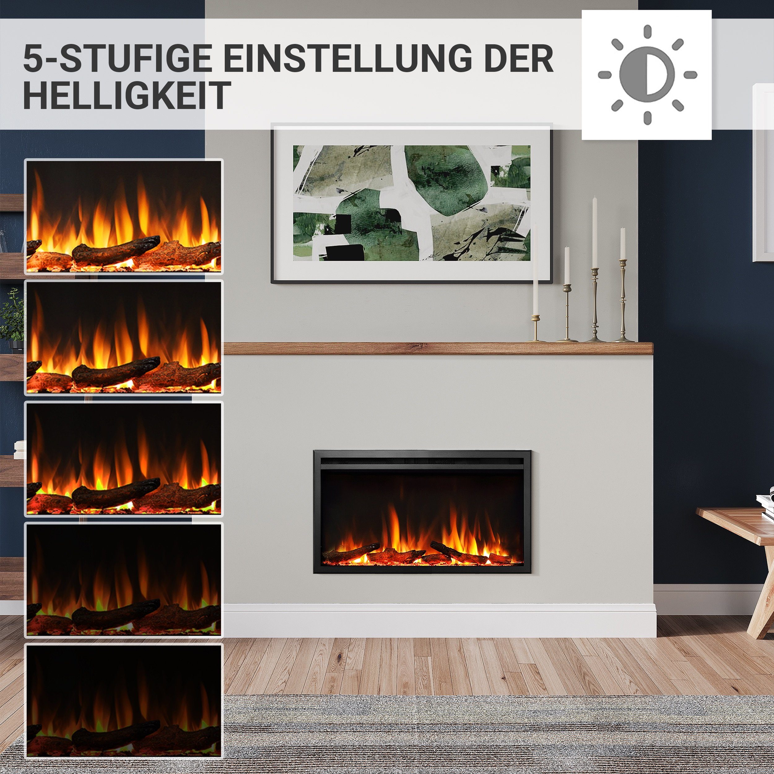 Elektrokamin Fernbedienung, Knisterfunktion, RICHEN Timer, Thermostat Atalanta, Heizung integrierte Einbaukamin 2000W, 3D-Flammeneffekt, mit