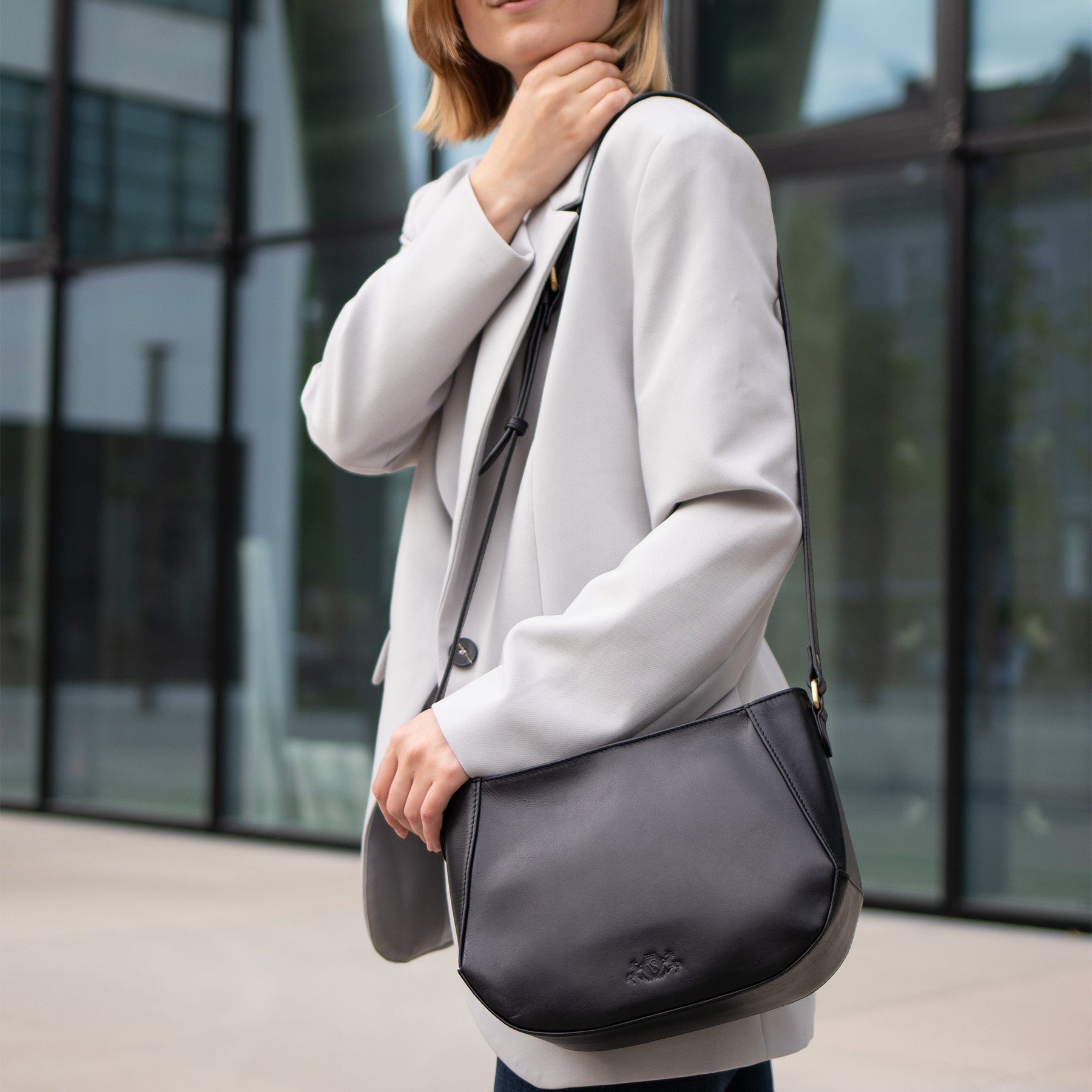 SID & VAIN Umhängetasche echt Leder Umhängetasche groß schwarz ALBANY, Crossbody Bag Echtleder für Damen, Handtasche mit Schultergurt schwarz