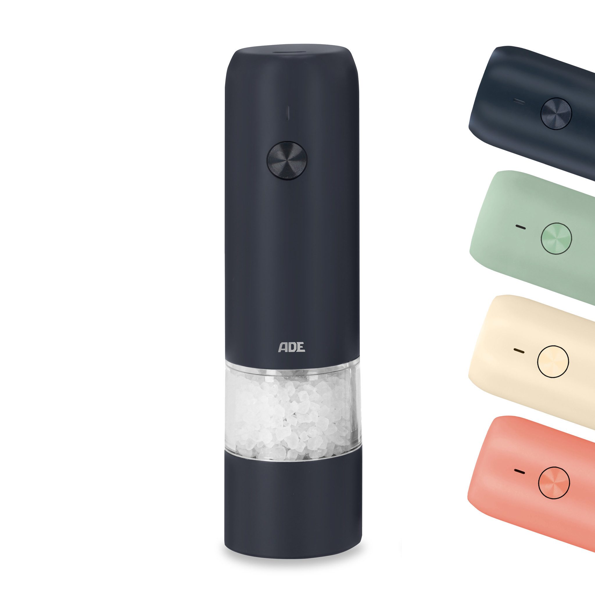 ADE Gewürzmühle elektrisch mit stufenlosem Keramikmahlwerk und Einhandbedienung Akku, Mini Salz- und Pfeffermühle, aufladbar per USB-C (Kabel inkl)