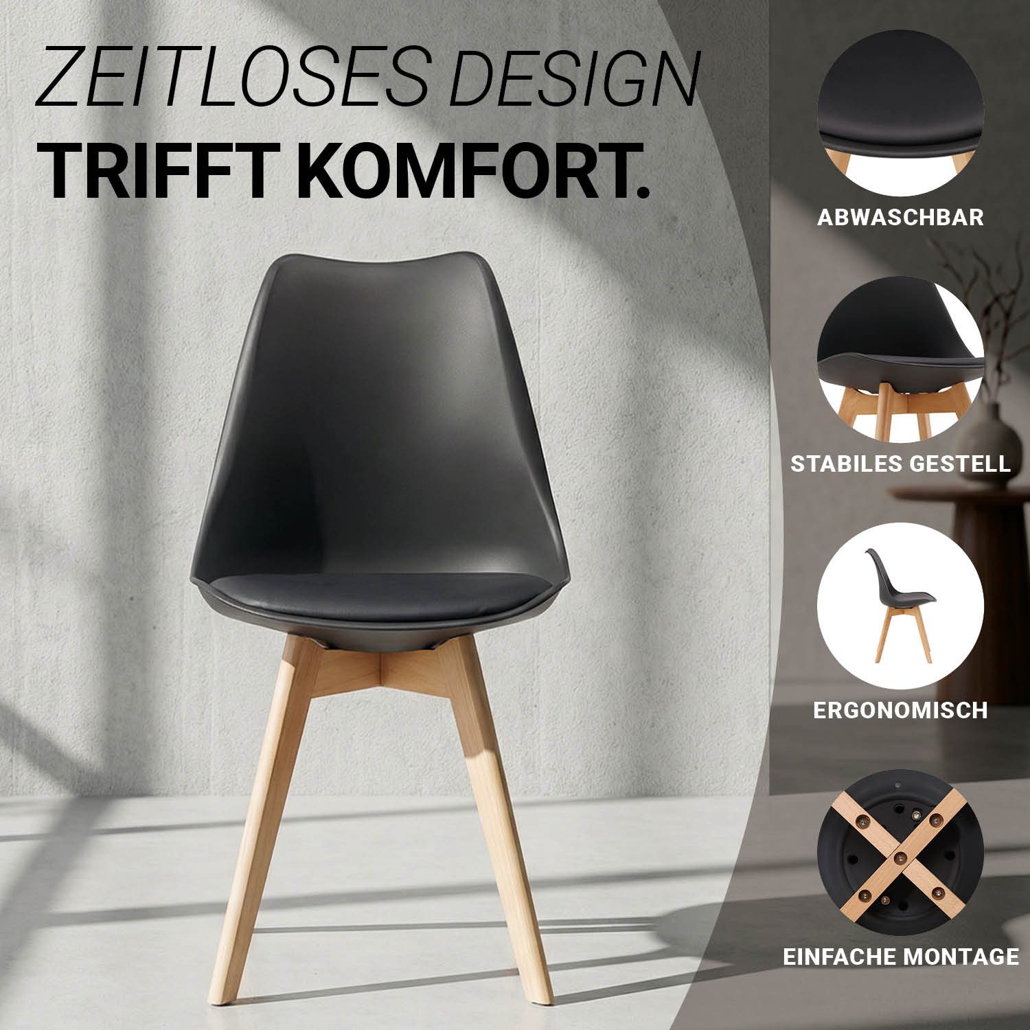 Homestyle4u Küchenstuhl Esszimmerstuhl Esstisch Küche Esszimmer Weiß Grau Schwarz (1 St), Skandinavisch, stabil