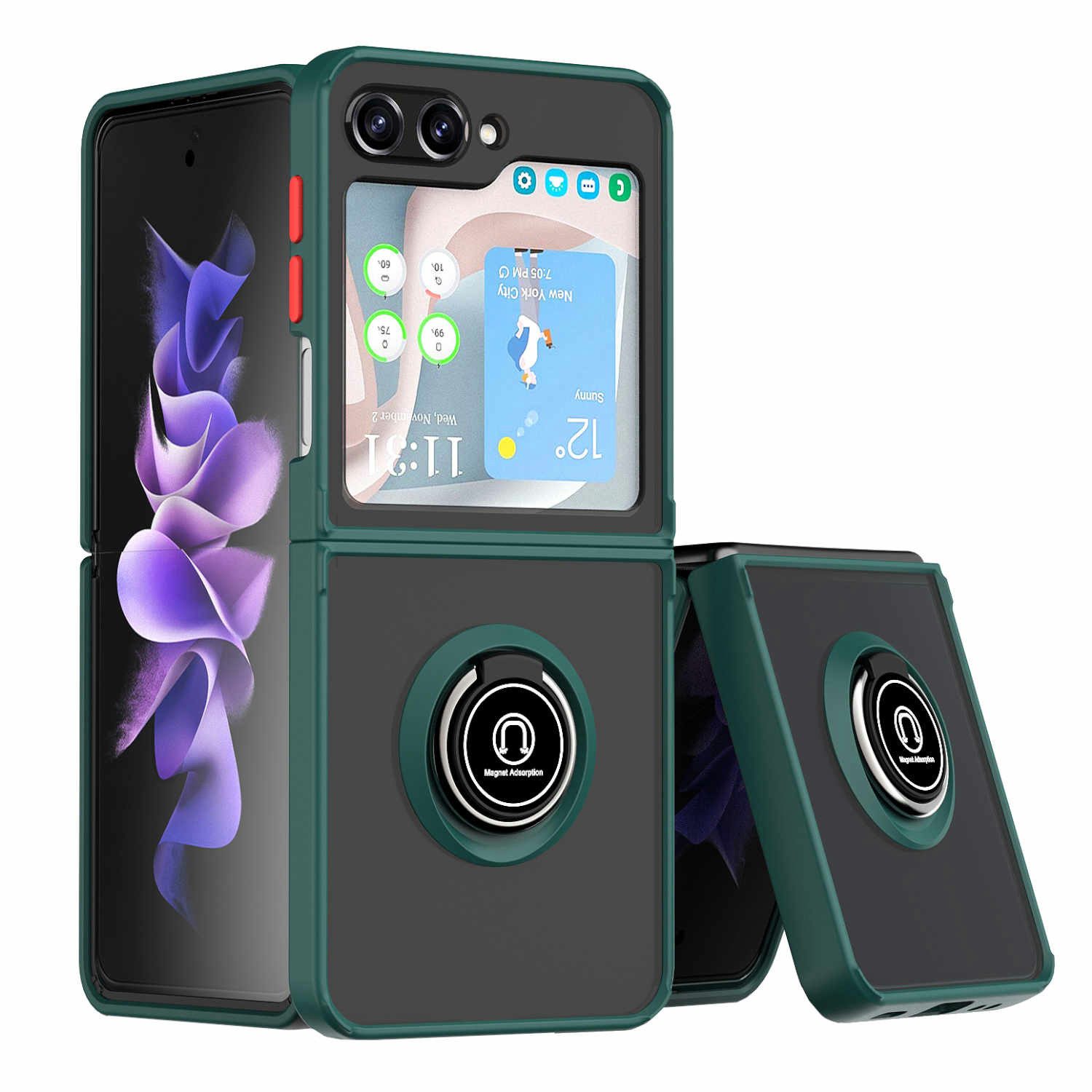 Wigento Handyhülle Für Samsung Galaxy Z Flip5 5G Ring Magnet Handy Hülle Dunkel Grün Case