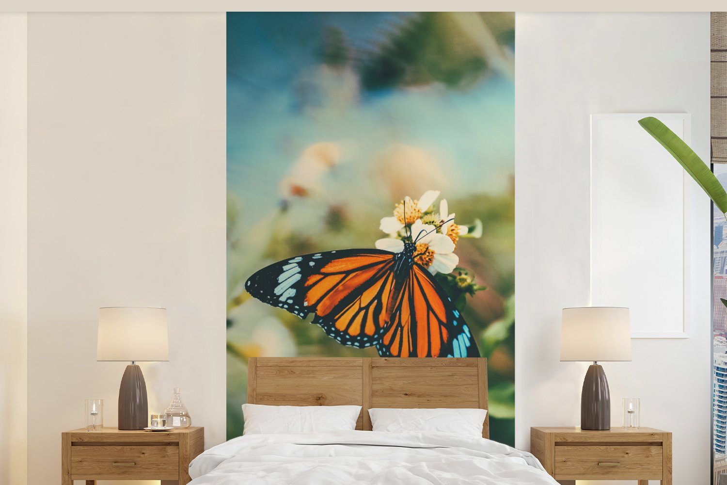MuchoWow Fototapete Schmetterling - Blumen - Garten, Matt, bedruckt, (2 St), Vliestapete für Wohnzimmer Schlafzimmer Küche, Fototapete