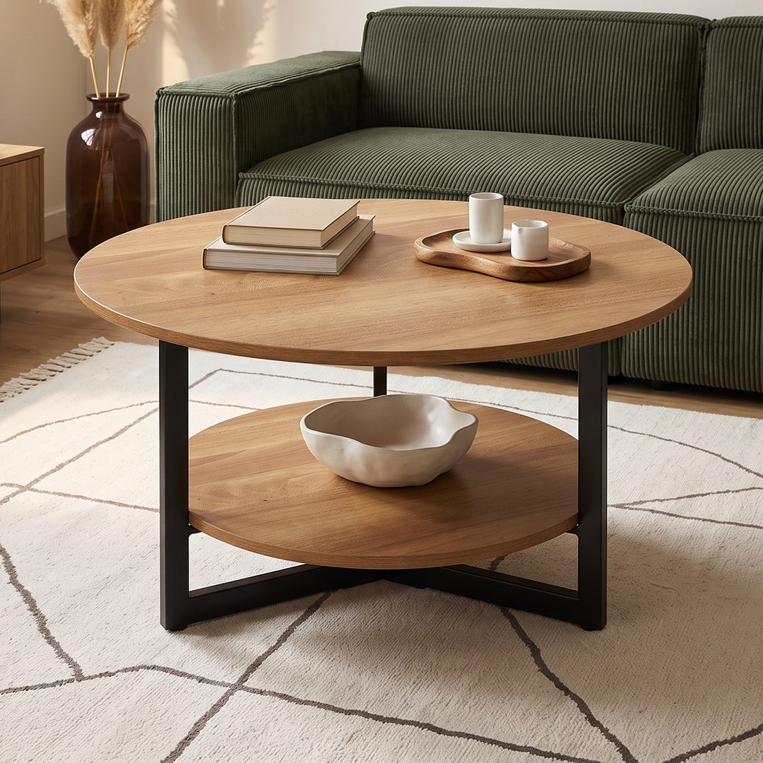 skølm Couchtisch Drakkar aus Massivholz Eiche, Tisch mit Metallgestell (Natur), Wohnzimmertisch Ø70 cm mit 2 Ablageflächen