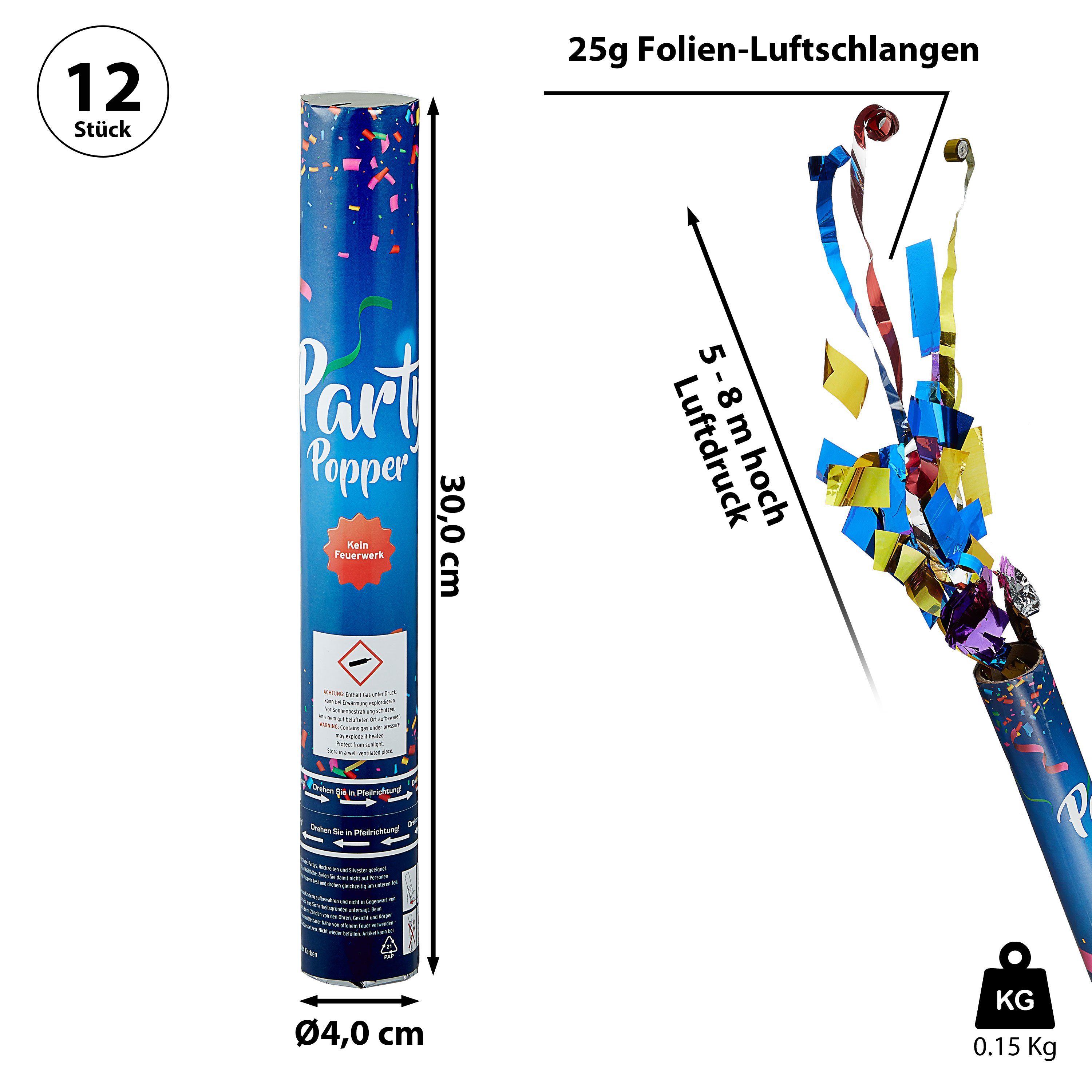 De 30cm 12er Konfetti Set CEPEWA Luxe Konfetti Kanone Party-Popper Folien-Luftschlange