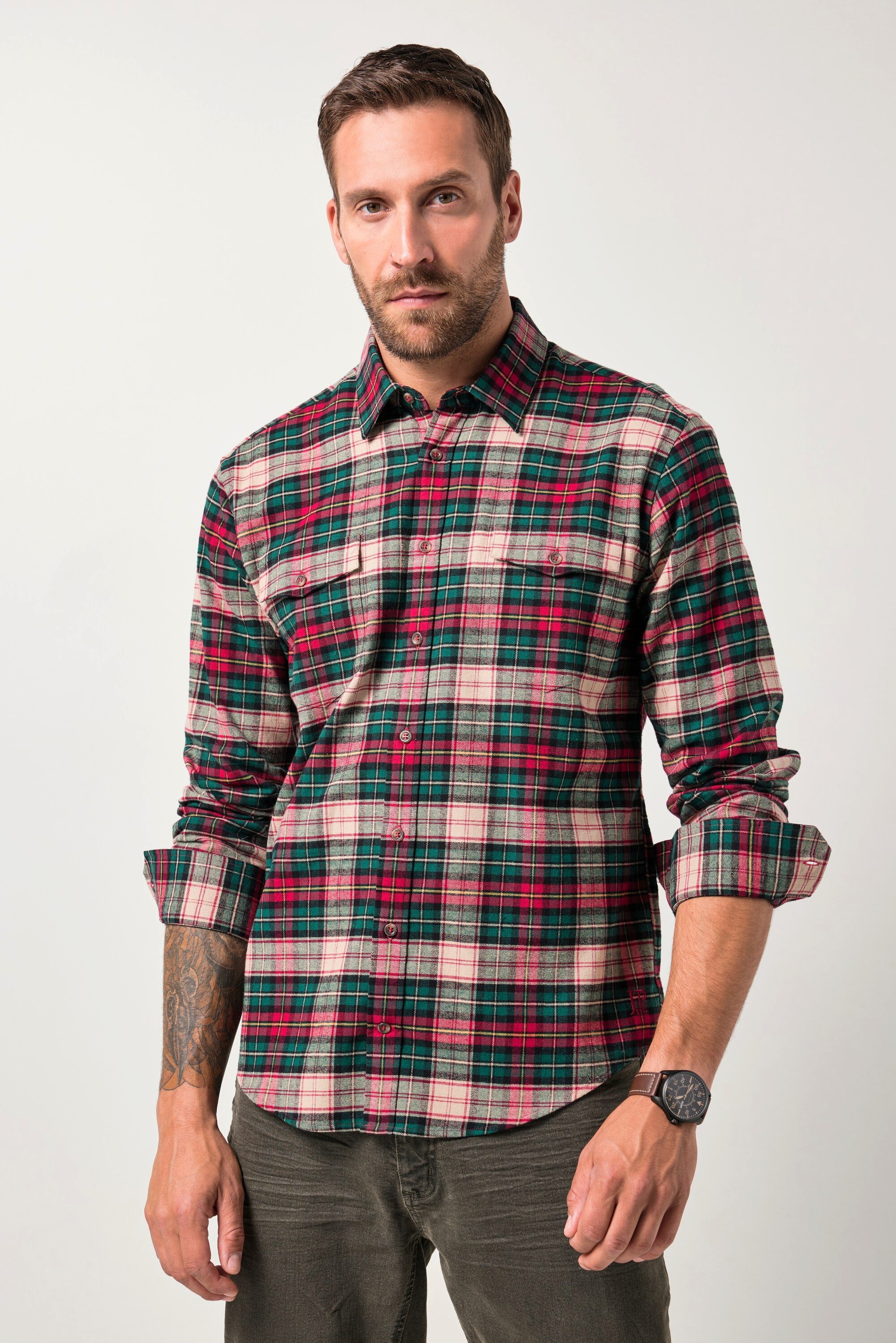 JP1880 Businesshemd Karo-Flanellhemd Langarm Kentkragen Modern Fit