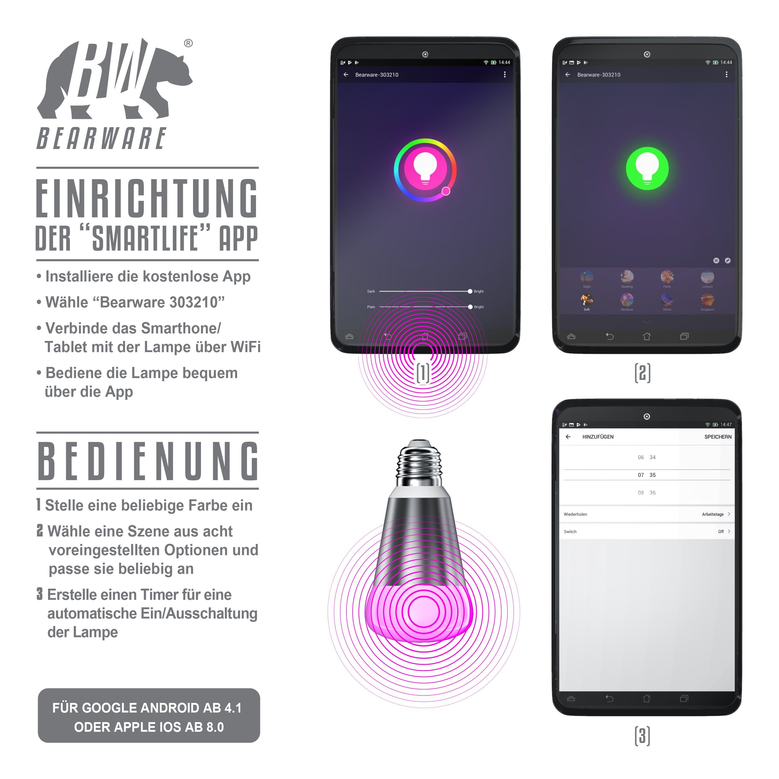 BEARWARE Smarte LED-Leuchte, dimmbar, Lumen RGB 420 Lampe, E27-Gewinde, Wifi Smart 7W, Farbwechsel