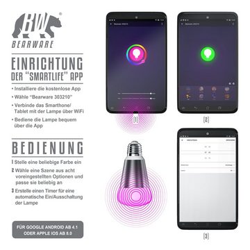 BEARWARE Smarte LED-Leuchte, Wifi Smart Lampe, RGB Farbwechsel dimmbar, E27-Gewinde, 7W, 420 Lumen