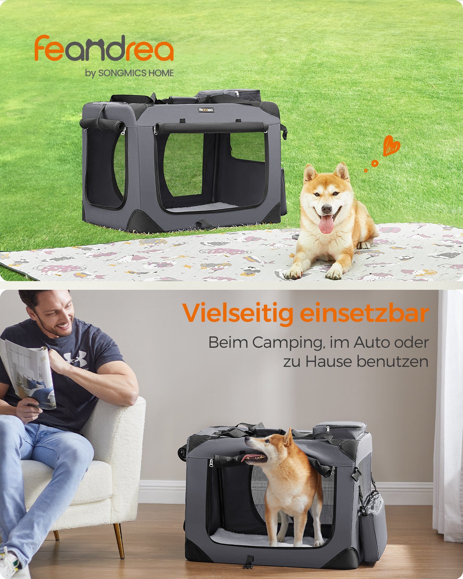 FEANDREA Tiertransporttasche Hundebox faltbar, Transportbox Hund, Hundetasche, mit Griffen, Taschen bis 16,00 kg, L, Oxford-Gewebe, Netzstoff, Metallrahmen, 70 x 52 x 52 cm, grau