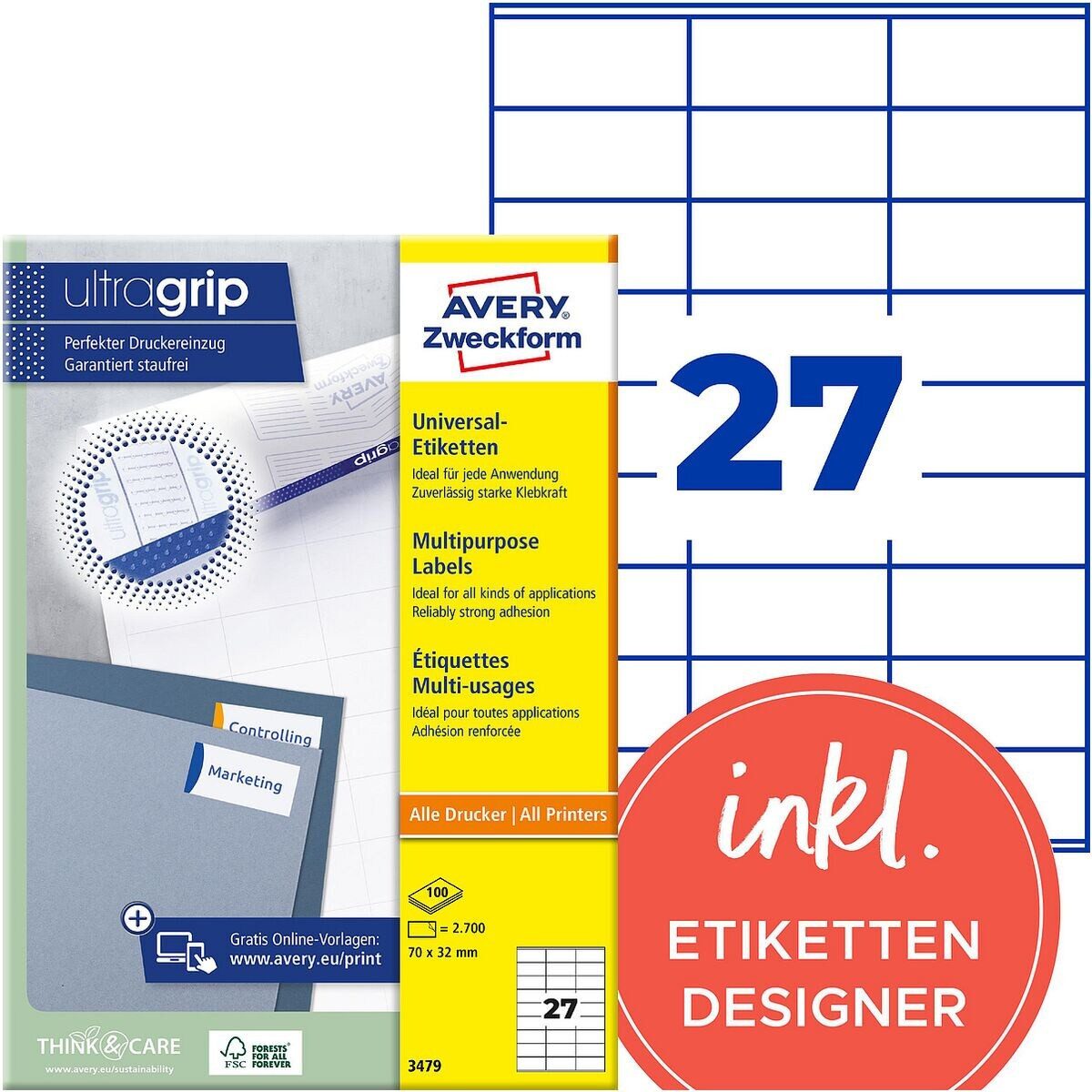 Avery Zweckform Etiketten 3479, 2700 Stück, Adresse universal (70 x 32 mm), selbstklebend