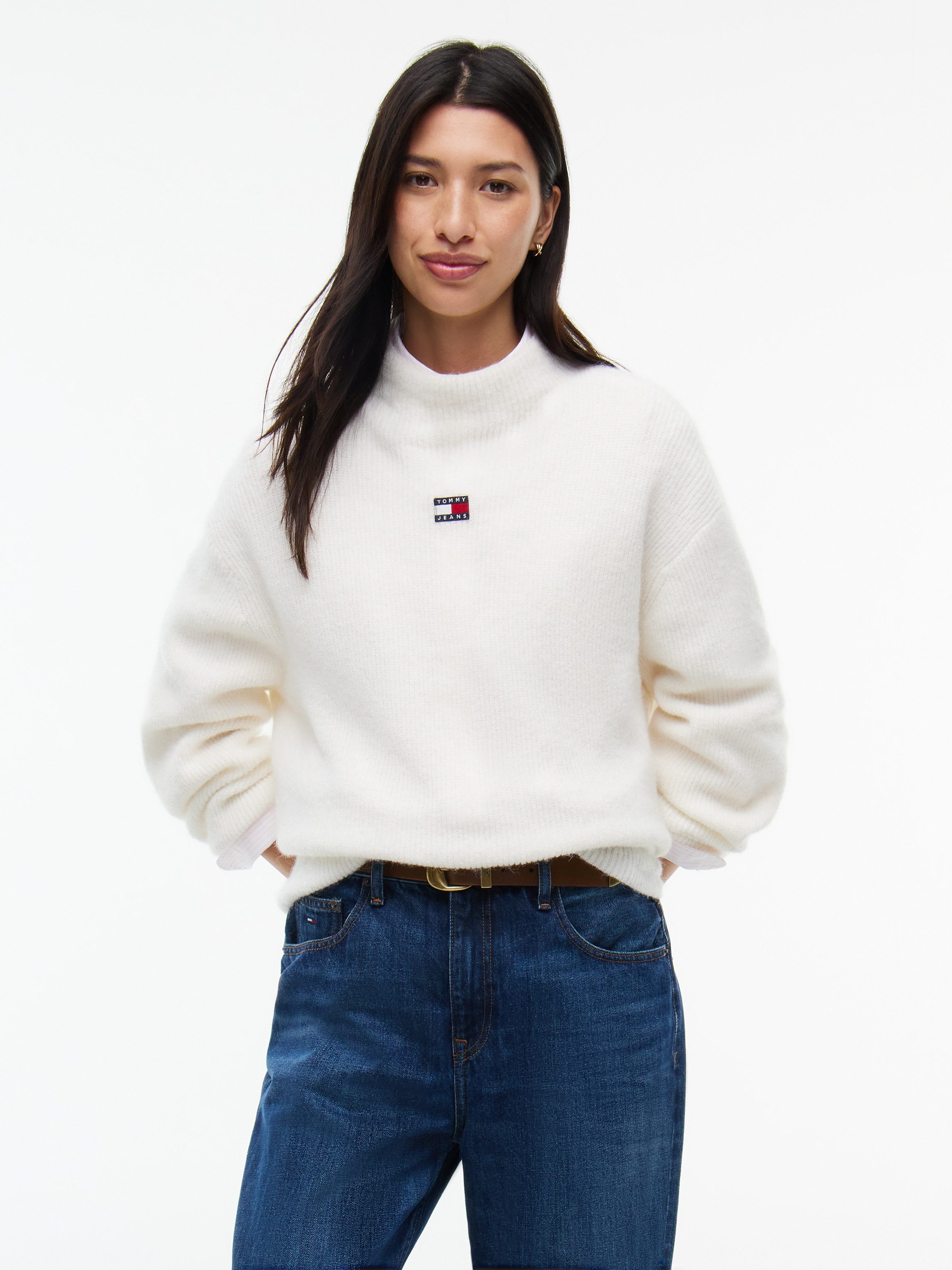 Tommy Jeans Stehkragenpullover TJW MOCKNECK BADGE SWEATER EXT Materialmix mit Alpaka