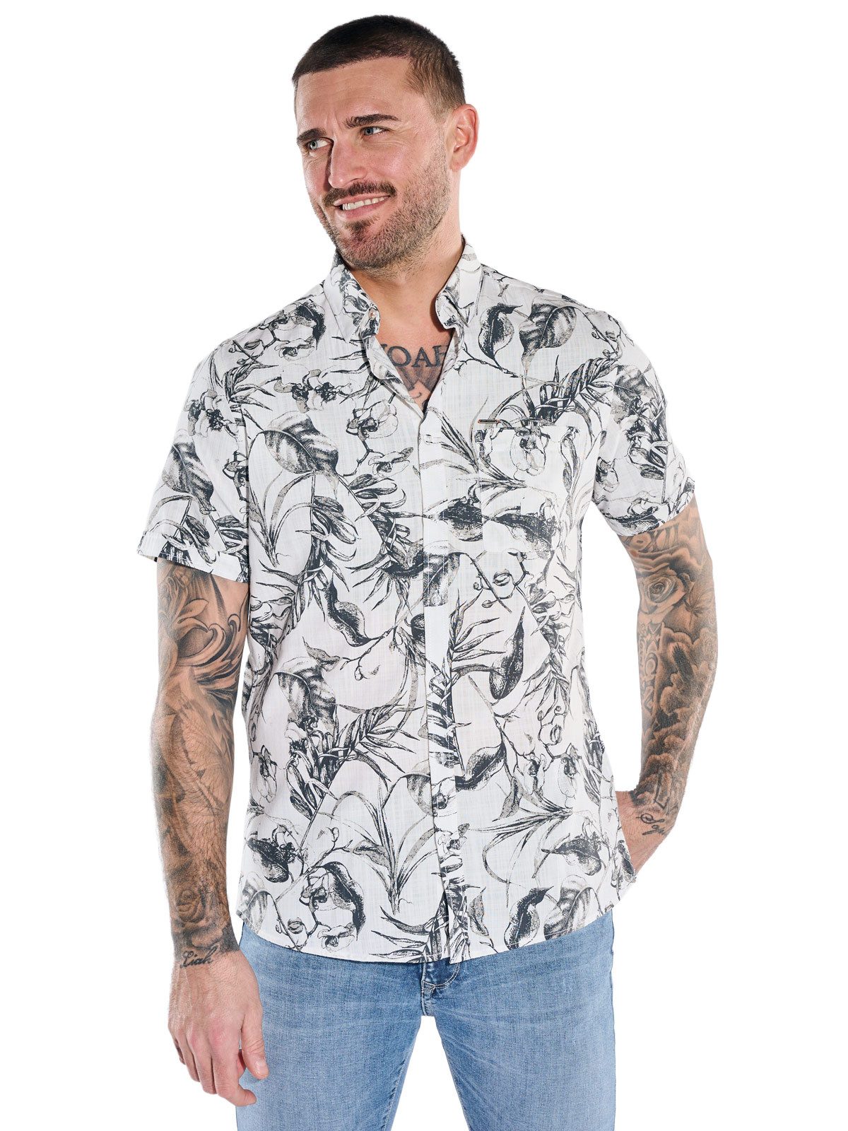 Kurzarmhemd Herren Kurzarmhemd mit floralem Muster, Grau
