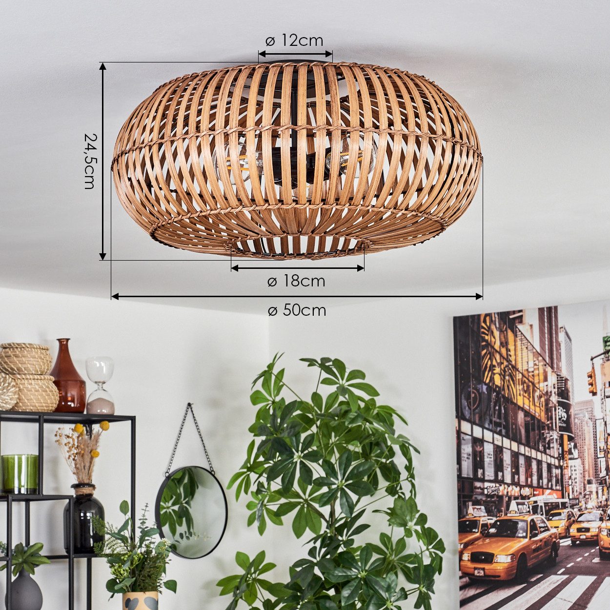 hofstein Deckenleuchte moderne Deckenlampe aus Metall/Bambus in Schwarz/Natur/Dunkelbraun, ohne Leuchtmittel, m. Lichteffekt an der Decke, Ø 50 cm, 3 x E27, ohn – Bild 4 von 5