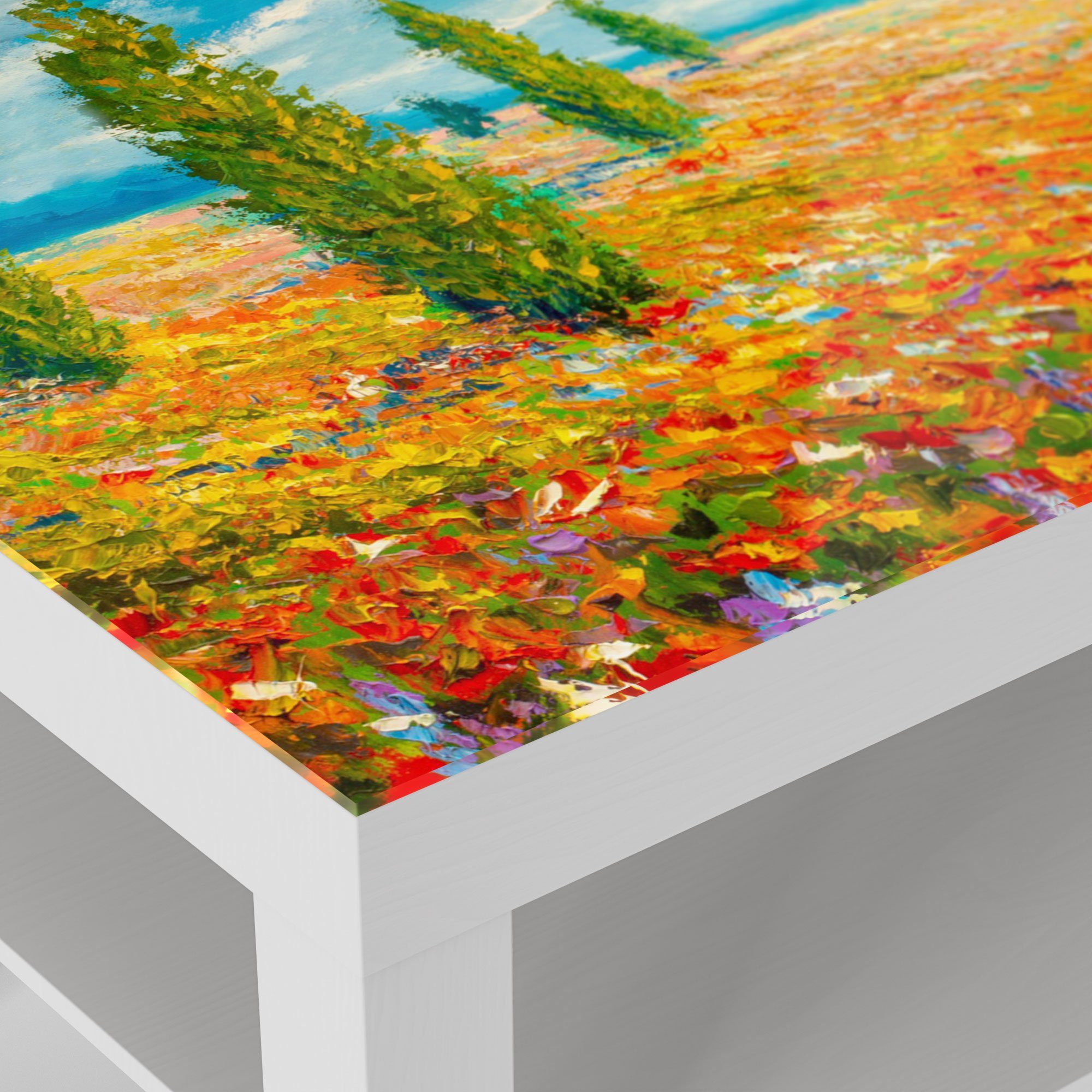 DEQORI Couchtisch 'Blumenmeer im Glastisch Monet-Stil', Weiß Glas Beistelltisch modern