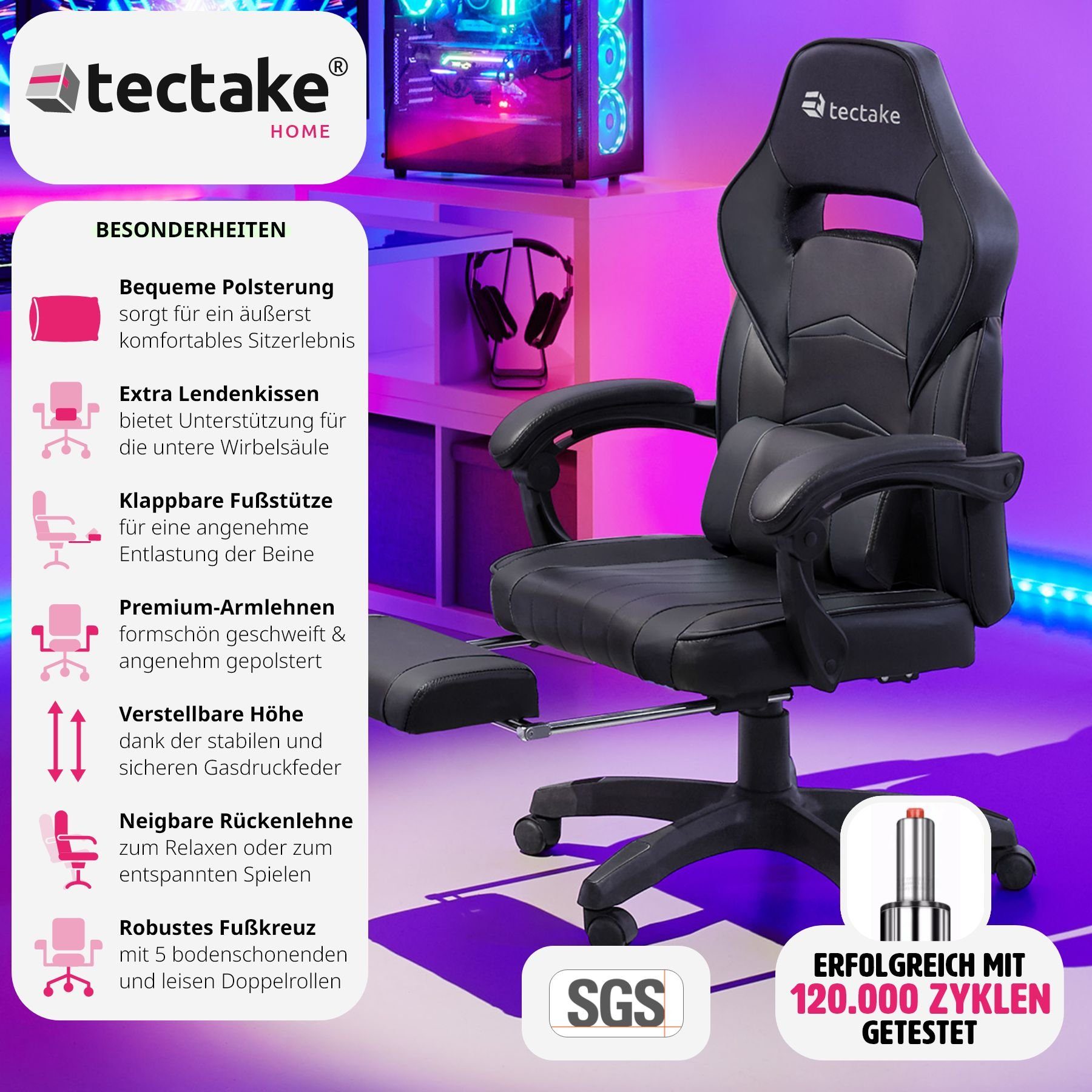 Fußstütze St), schwarz/schwarz Comodo 1 (1er, Gaming-Stuhl tectake