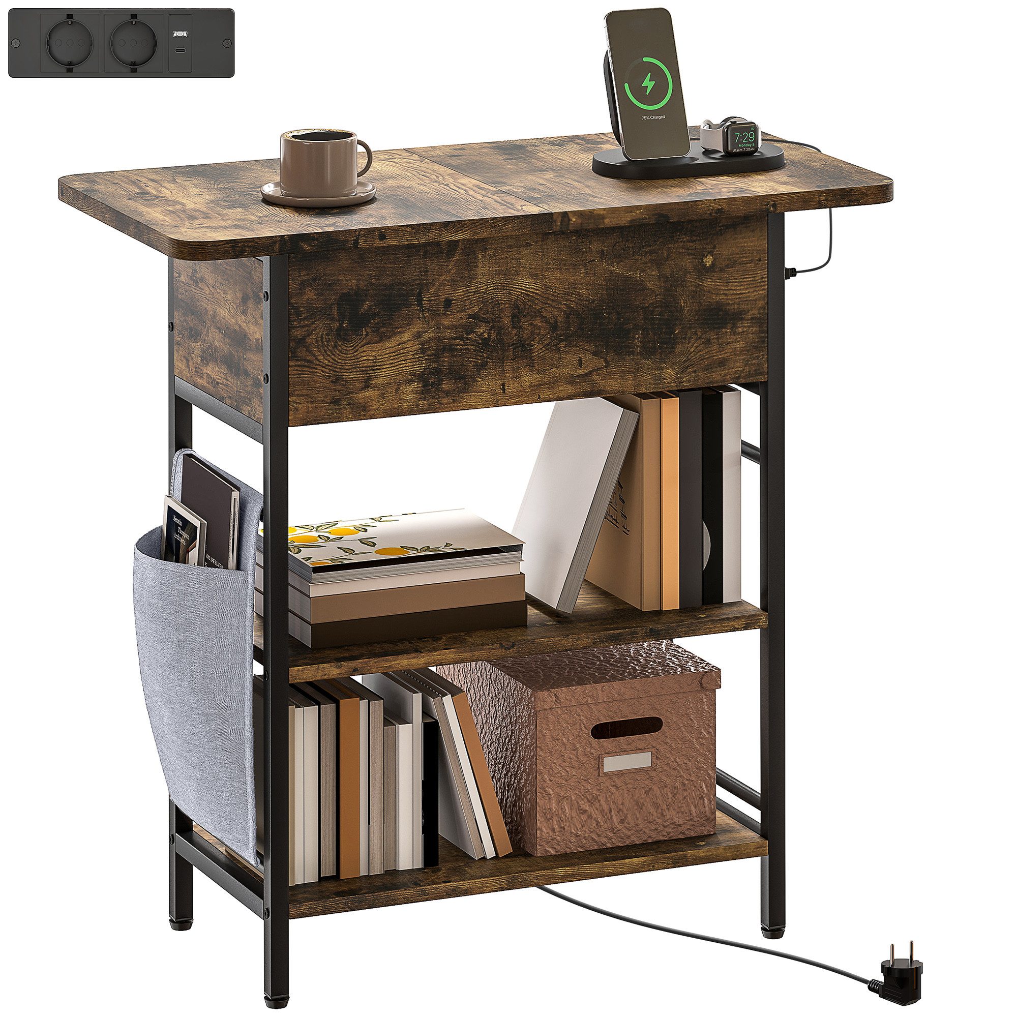 HOMCOM Beistelltisch mit Steckdosenleiste, 2 Ebenen, USB-Anschlüssen, Staur günstig online kaufen