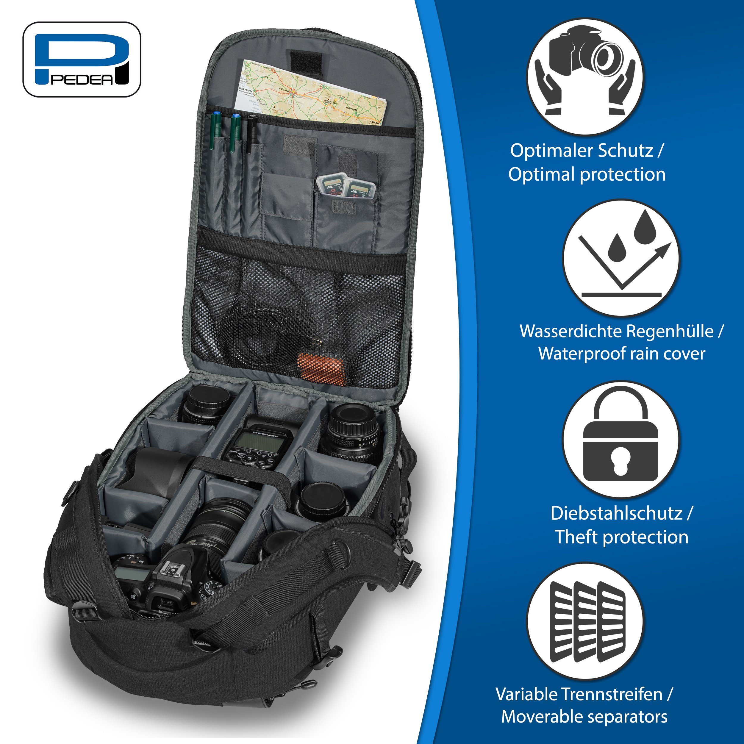 PEDEA Fotorucksack FASHION Kamerarucksack mit variabler Inneneinteilung und viel Stauraum (mit wasserdichtem Regenschutz), weich gepolstertes Innenfach