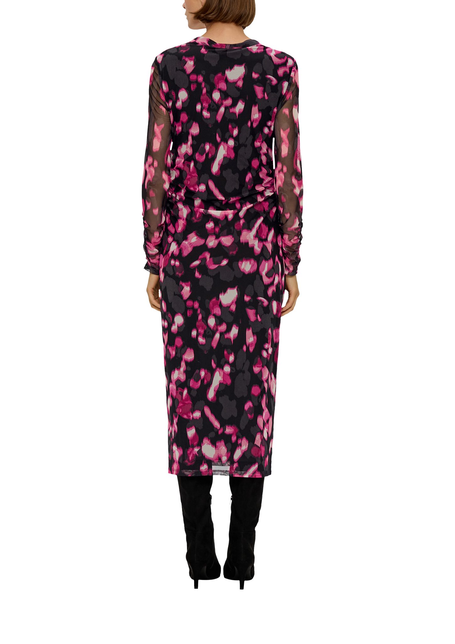 Raffung BLACK Maxikleid LABEL Mesh-Kleid pink s.Oliver mit Raffung