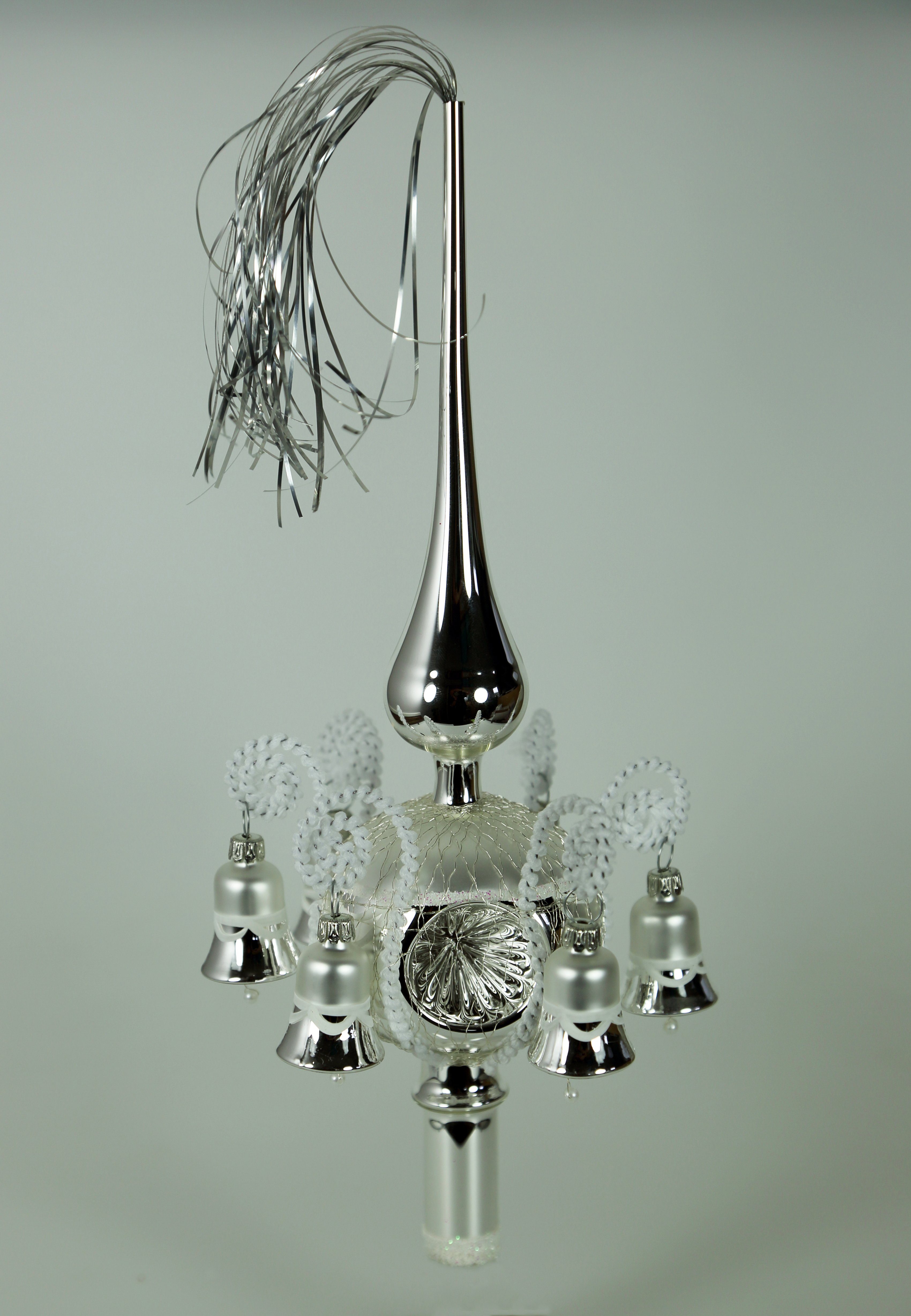 Lauschaer Glas Christbaumspitze mit umsponnen Draht und Kugel Spitze der silber weiß Einstich in Leonischem mit
