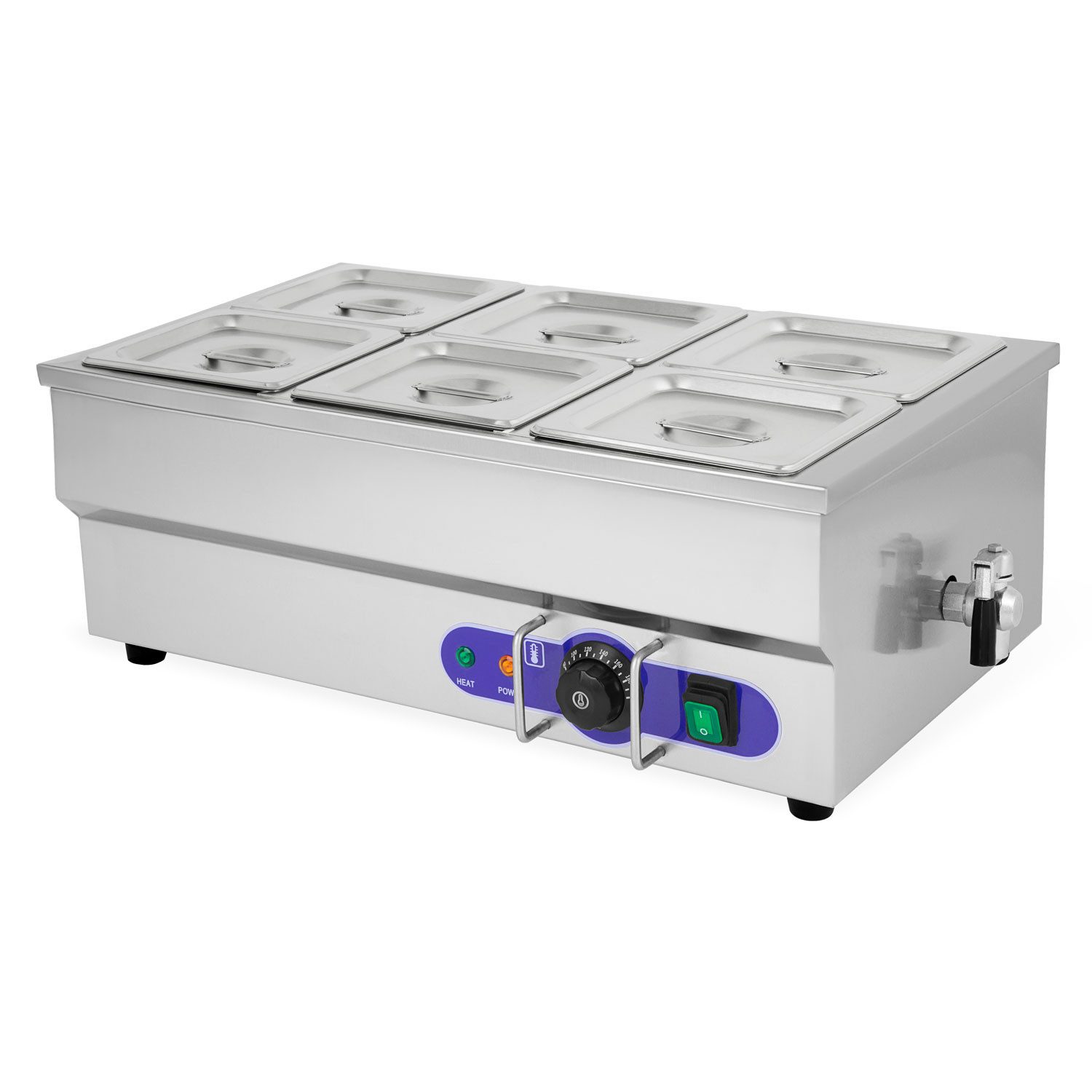 vertes Speisenwärmer Elektrisch 1500W aus Edelstahl, (6X 1/6 GN Behälter mit Deckel für 6X 1,6L), Ablasshahn, Bain Marie Wasserbad, Temperatur 50-200°C