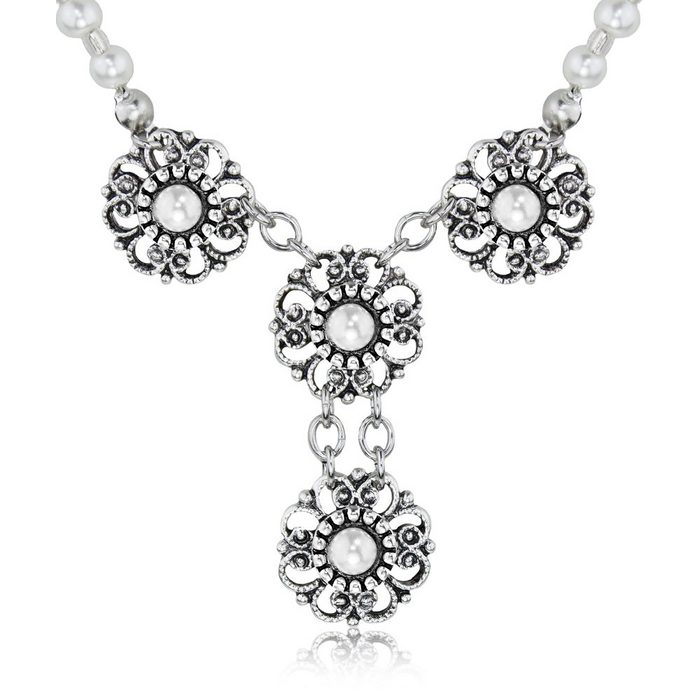 LUISIA® Perlenkette Perlen Halskette mit Blüte und Perle (1-tlg. inkl. Schmuckbox)