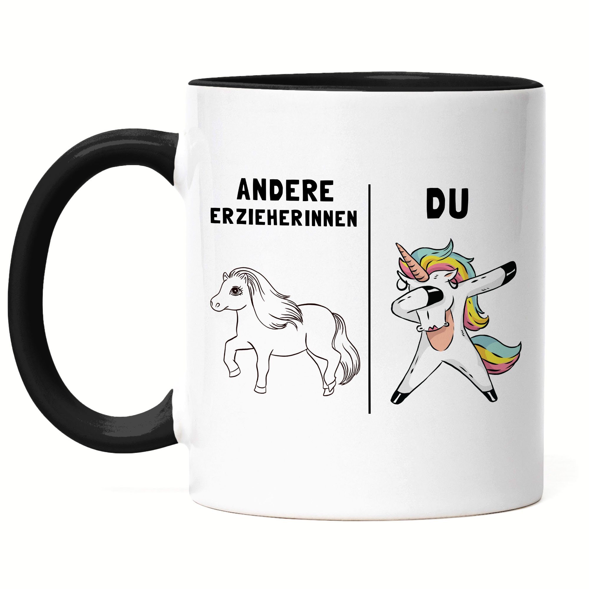 Hey!Print Tasse Erzieherin Tasse Kindergarten Abschied Einhorn Lustig Dankeschön & Abschiedsgeschenk Kindergarten Kita, Keramik Schwarz