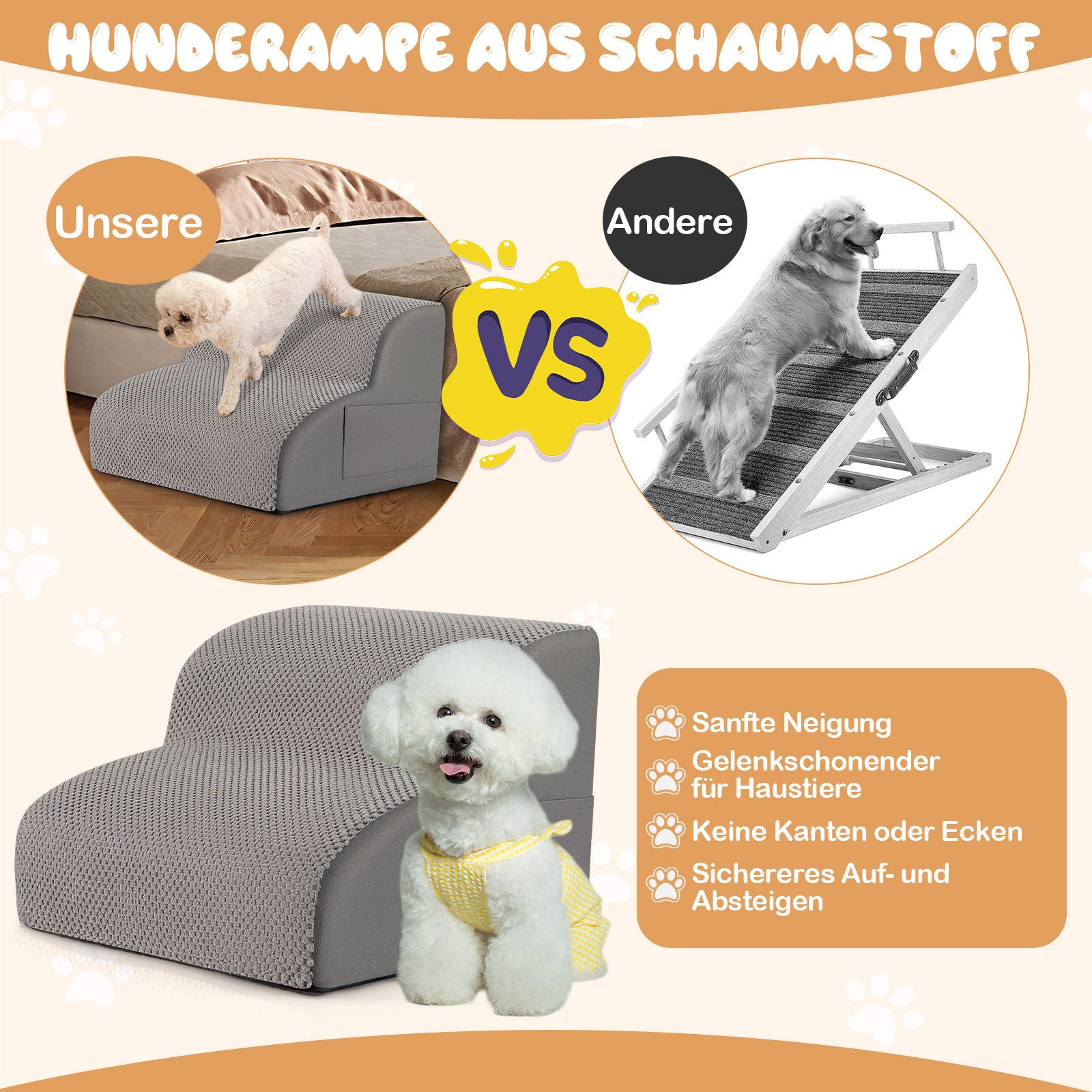 KOMFOTTEU Haustiertreppe, Hundestufen mit 2 Stufen, abnehmbarem Bezug
