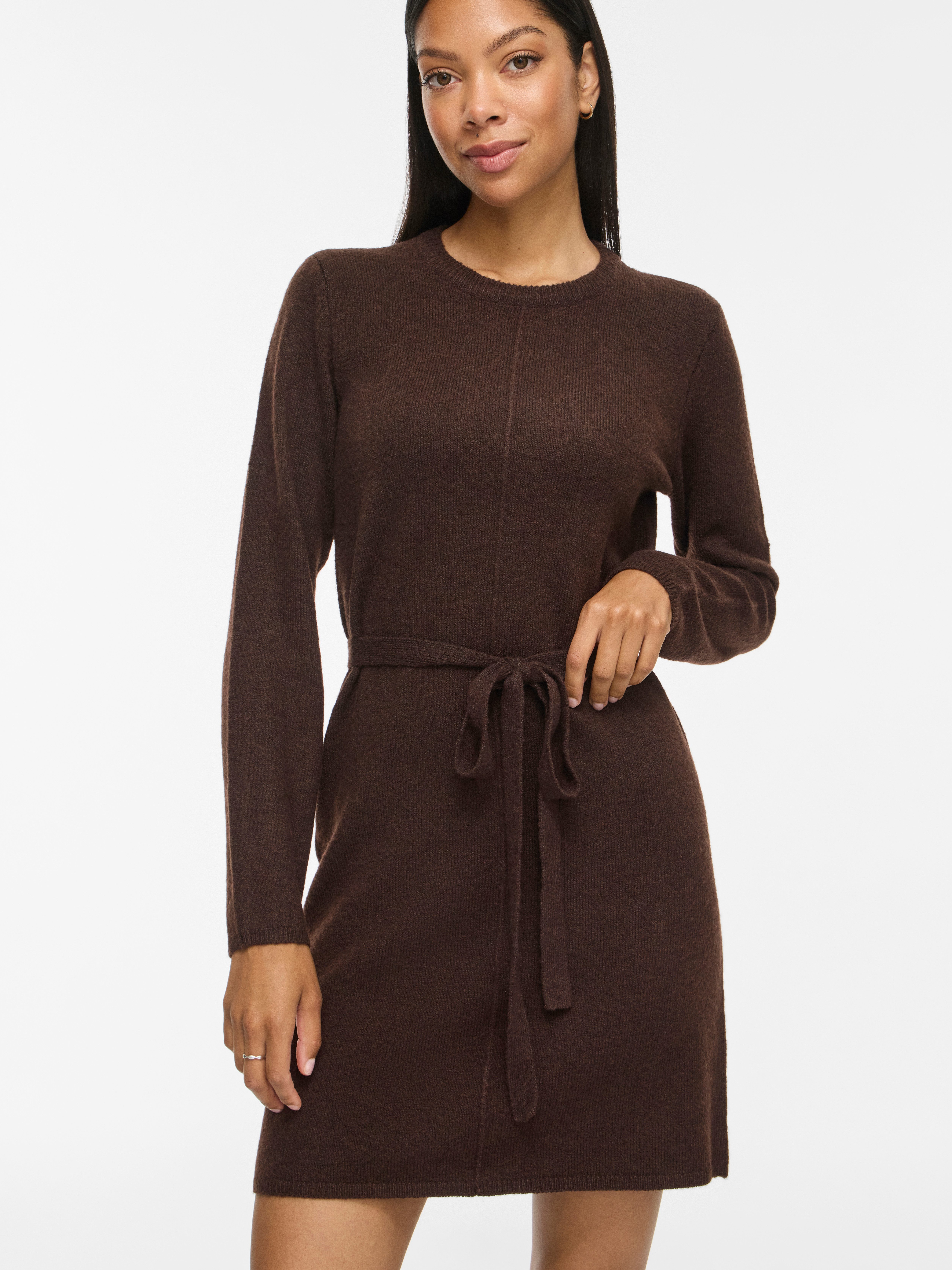 Vila Strickkleid VILIGA L/S O-NECK BELTED KNIT DRESS-NOOS Materialmix, normal geschnitten