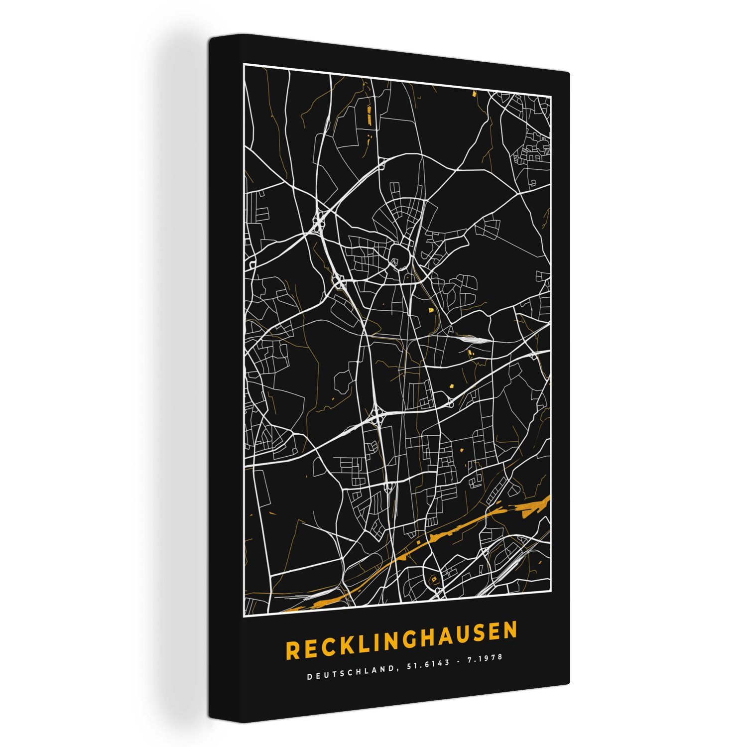 OneMillionCanvasses® Leinwandbild Gold - Deutschland - Karte - Stadtplan - Recklinghausen, (1 St), Leinwandbild fertig bespannt inkl. Zackenaufhänger, Gemälde, 20x30 cm