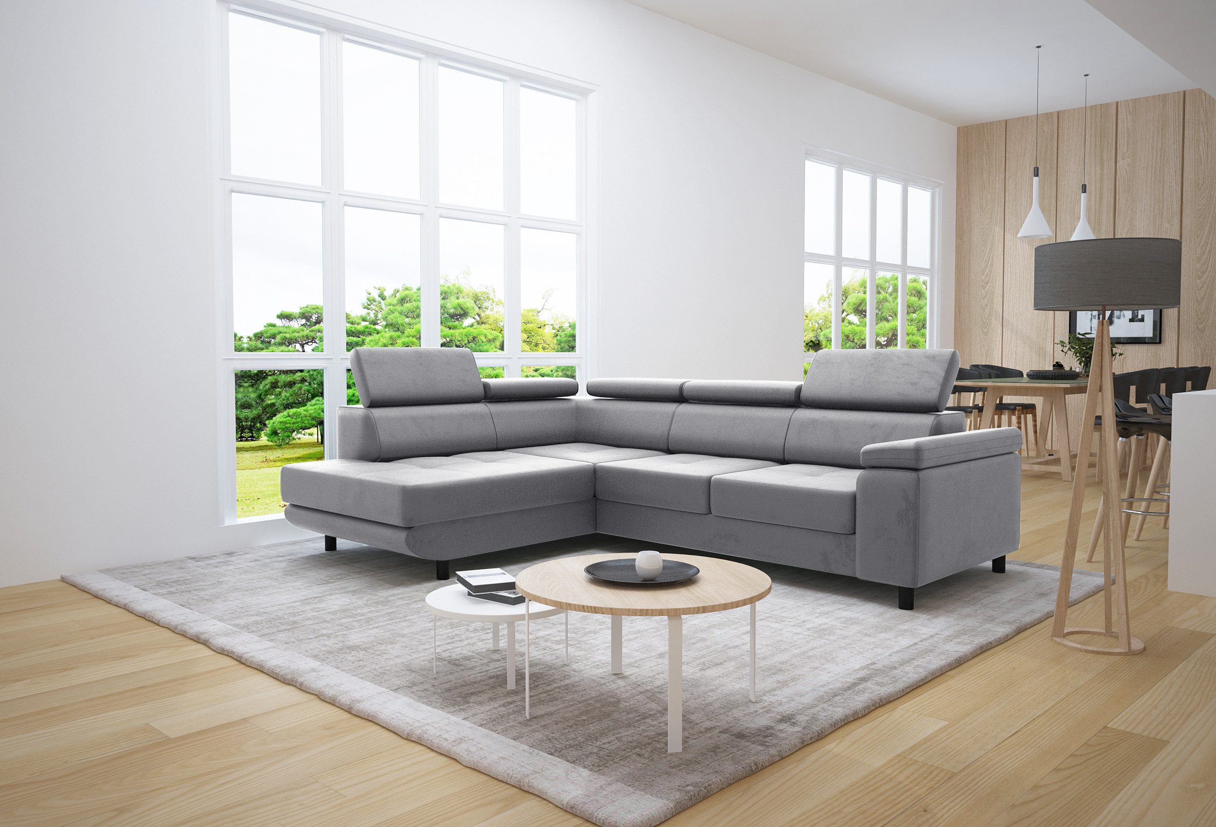 thematys Ecksofa LUNA L mit Schlaffunktion & Bettkasten – aus Velours oder Cord Stoff, mit 5 verstellbaren Kopfstützen, – L-Form 250×183 cm – Schlafsofa mit Auszug
