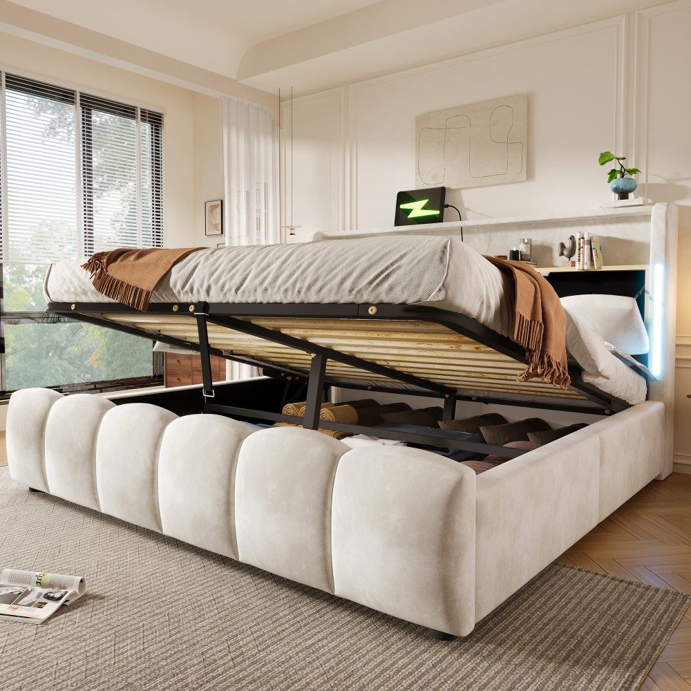 TavilaEcon Polsterbett 180×200cm mit hydraulisches Stauraum und USB- und Typ-C-Anschlüssen (1-tlg), Kopfteil mit Staufach, 180×200cm, Beige – Bild 3 von 5