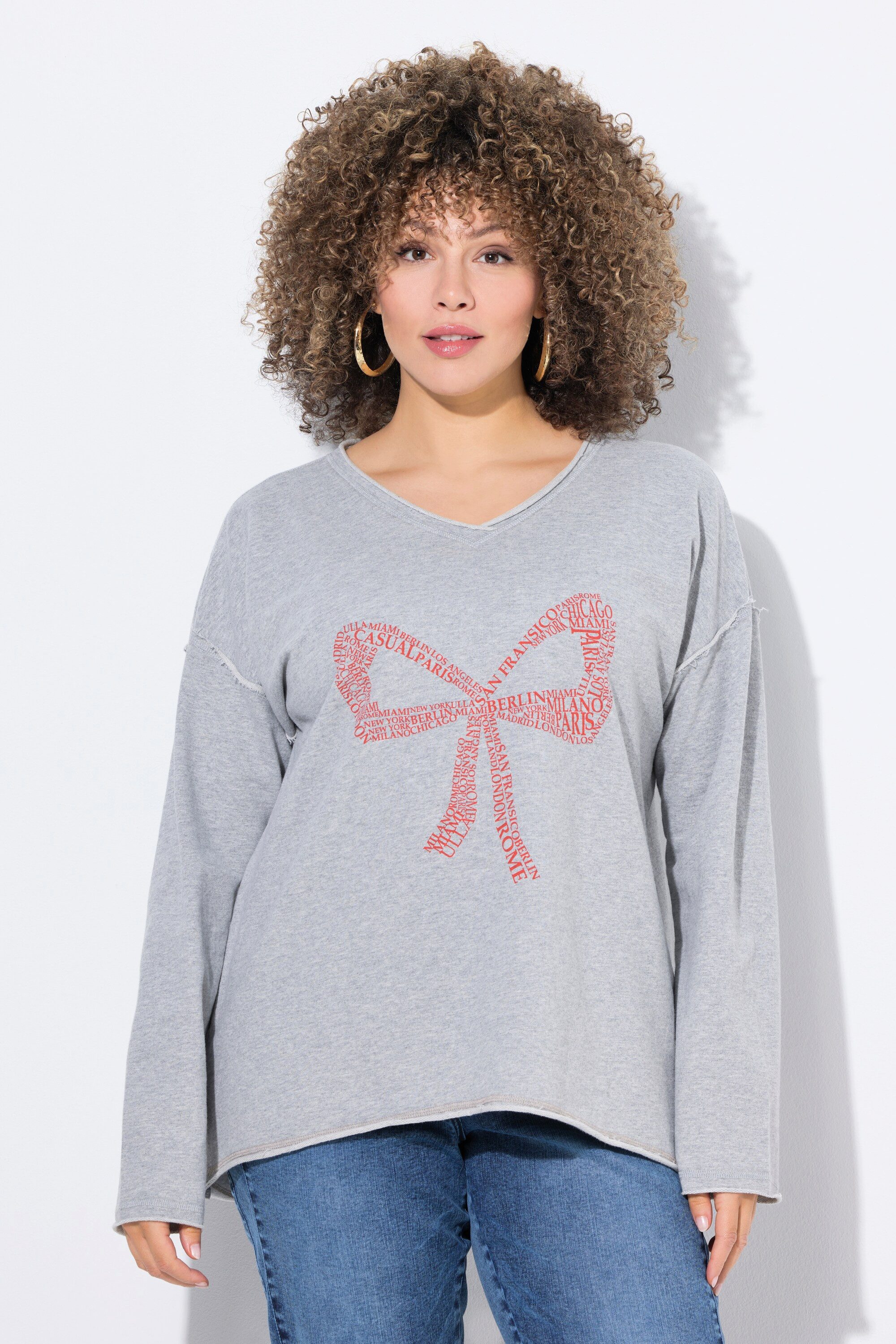 Ulla Popken Sweatshirt Sweatshirt Schleife Oversized V-Ausschnitt Langarm günstig online kaufen